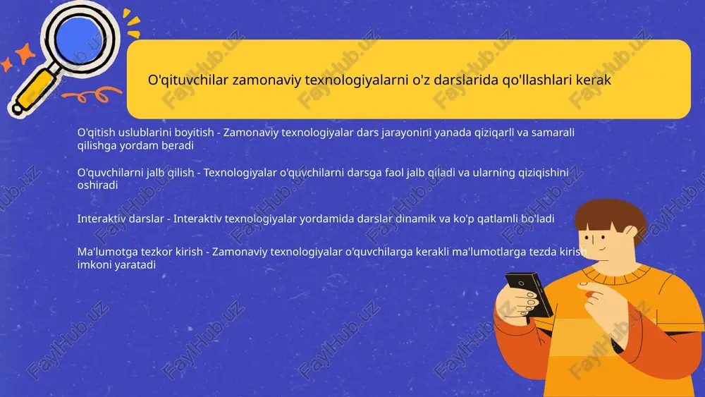 'lim - simulyatsiya texnologiyalari ta'lim jarayonida o'quvchilarga nazariy bilimlarni amaliy ravishda qo'llash imkonini beradi muhim amaliy ko'nikmalar - bu texnologiyalar orqali o'quvchilar muammolarni hal qilish va real sharoitlarda qarorlar qabul qilish ko'nikmalarini rivojlantiradilar 8 tibbiy ta'limda multimedia vositalaridan foydalanish talabalarni jalb etadi interaktiv o'qitish ma'lumotlarni qamrab olish o'qitish samaradorligi 9 o'qitish jarayonida innovatsion usullarni qo'llash zarur innovatsion metodologiyalar - innovatsion metodologiyalar bilim olish jarayonini yanada samarali qiladi o'quvchilarni jalb qilish - o'quvchilar innovatsion usullar orqali darsga faol tarzda jalb qilinadi 10 texnologiyalar yordamida individual o'qitish yondashuvlarini amalga oshirish mumkin shaxsiylashtirilgan ta'lim - texnologiyalar yordamida o'quvchilarning individual ehtiyojlarini qondirish va shaxsiylashtirilgan ta'lim strategiyalarini ishlab chiqish mumkin. o'quv resurslarining xilma-xilligi - raqamli platformalar orqali turli xil o'quv resurslari taqdim etilishi, har bir o'quvchining qiziqishlari va imkoniyatlariga mos materiallar topish imkonini beradi. natijalarni baholash - interaktiv texnologiyalar individual natijalarni tez va samarali baholash uchun imkoniyat yaratadi, bu esa ta'lim jarayonini yanada samarali qiladi. …