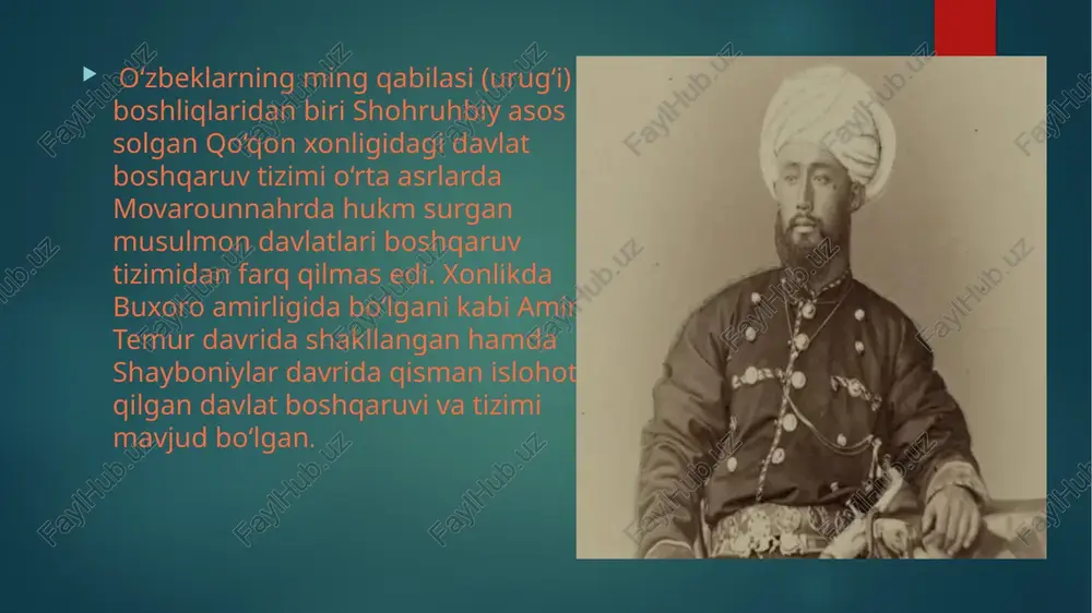 va mingboshiga itoat etgan. qo‘rboshi qo‘rxona, miltiqxona, to‘pxonalarga boshchilik qilib,xomashyo topib kelishdan tortib to tayyor mahsulot ishlab chiqarish va ularni xon qaroriga binoan tarqatib berish jarayoniga javobgar bo‘lgan. yofar – soqchilar boshlig‘i. bu mansab egasining guruhi yuz nafar askardan iborat bo‘lgan. yofar o‘z guruhining hisob-kitobi, yillik xarajatini askarlari uchun xazinadan olib bergan. manbalarda yofarlar g‘allagir (g‘alla oluvchi), javgir (bug‘doy oluvchi) va sarpo oluvchi sifatida ham qayd etilgan. to‘pchiboshi – to‘pchilar, zambarakchilar guruhi boshlig‘i. to‘qsabo – o‘zlarining tug‘iga ega bo‘lgan harbiy guruhning boshlig‘i. ponsadboshi – besh yuz nafar askardan iborat guruh rahbari. yuzboshi – yuz kishilik harbiy dasta boshlig‘i. panjohboshi – ellikboshi, ellik nafarli harbiy guruh boshlig‘i. dahboshi – o‘n kishilik harbiy guruh boshlig‘i. qorovulbegi – soqchilar va qorovullar boshlig‘i. harbiylar qatoriga askar, sarboz, nukar, sipohi, mergan, mahram, botur, to‘pchi, zanbarchi, qo‘rchi, qorovul kabilar ham kirib, qo‘shin safida, nog‘orachi, surnaychi, to‘g‘chi (bayroqdor) kabilar ham xizmat qilganlar. bu harbiy unvonlar orasida mingboshidan …