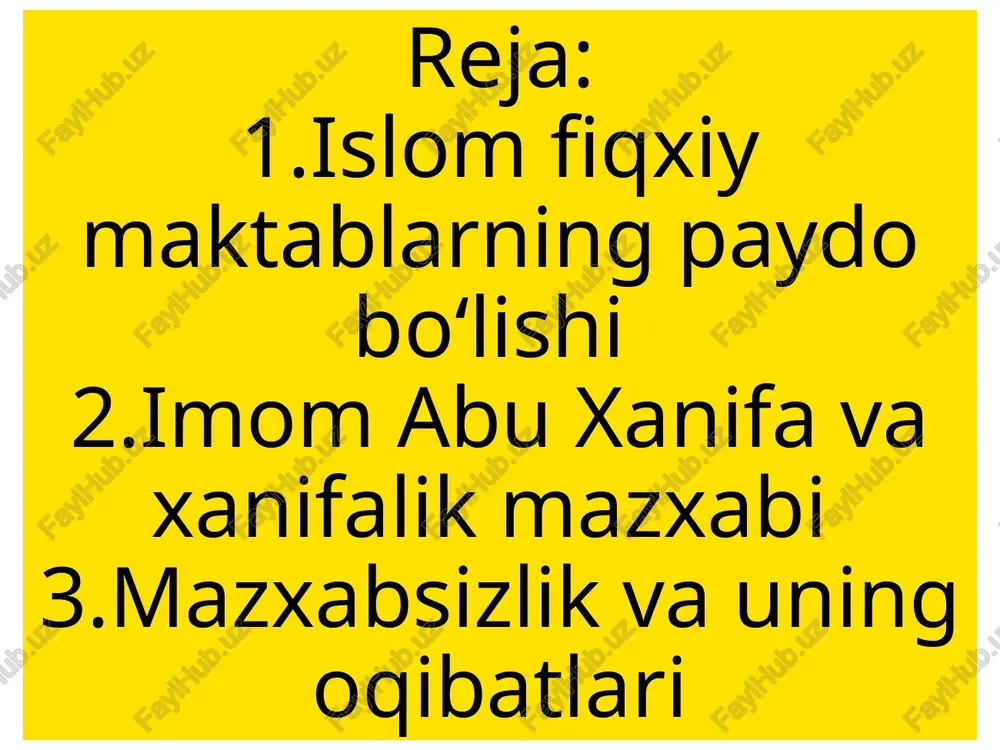 kan hissa qo‘shgan buyuk olimdir. u o‘zining aqlga tayanadigan fiqhiy metodlari bilan mashhur bo‘lib, hanafiy mazhabi hozirgi kunda eng ko‘p e’tirof etilgan fiqhiy maktablardan biri hisoblanadi. eʼtiboringiz uchun raxmat! image1.jpeg image2.jpeg image3.jpeg image4.jpeg fiqh maktablari figh fanining vujudga kelishi va fighiy maktablar faqihlarning go'shgan salmoqli hissalari, nasaf fiqh maktabi va bazdaviy allomalar fiqhiy meros!i (ix — xil asrlar) pobyt ‘pe shakllanish tarixi - payg'ambar davri: fiqgiy fikr, muhammad payg'ambarning hayoti davomida qoida va qoidalar shaklida bo'lgan. payg’ambar, — shuningdek, sahobalar o'rtasida turli masalalar bo'yicha fikr almashish va _ shuningdek, jjtimoiy hayotda muammolarni hal qilishga yordam berish uchun masiahatlar bergan. sahobalar davri: payg'ambar vafotidan so'ng sahobalar islomiy gonunlarni ishlab chigishda muhim rol o'ynadi. ular o'zaro fikrlashib, masalalar bo'yicha qarorlar qabul qildilar. imom abu hanifaning faqih sifatida shakllanishida kufa fiqhiy makatagining o'rni abu hanifa rahimahulloh alayhidan ilmni kimdan o'rganliklari hagida so'rashganda "umarning izdoshlari orgali umardan, alining izdoshlari orgali alidan, abdullohning izdoshlari orgali …