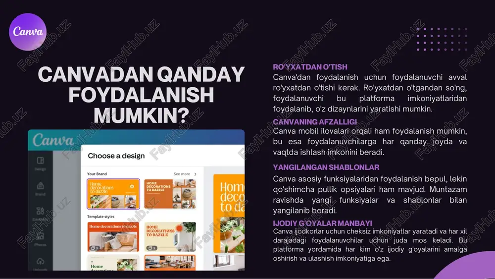 unksiyalari ai yordamida dizaynni moslashtirish canva’dagi "design suggestions" funksiyasi dizayningizni yanada chiroyli qilish uchun avtomatik tavsiyalar beradi. matn yoki rasmlarni joylashtirgandan so‘ng, uni bosib, yaxshiroq joylashtirishni tavsiya qiladigan variantlarni ko‘rishingiz mumkin. canvadagi sun'iy intellekt imkoniyatlari e'tiboringiz uchun rahmat! @mmuxammadjonova