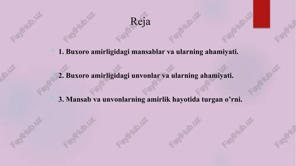 ib borgan. uchinchi “daftardor”. katta devondagi tanhodor va suyurg`ol egalarini ishdan olish va amalga qo`yish tartibini nazorat qilgan. to`rtinchi “devoni tanobona”. bahorgi va kuzgi ekinlardan tushadigan xiroj, kirim-chiqim va xarajat ishlarini olib borgan. beshinchi toifa amaldorlar va mansablariga “munshi”- amir inoyatnomalari, duo va salomi, istaklarini yozib, o`qib borgan. umarolarning mansablari quyidagicha bo`lgan. bu amallar sohiblarining amir huzurida alohida o`rinlari bo`lgan. i. “otaliq”. buxoroi sharif suvining idorasi, samarqanddan - qorako`lgacha bo`lgan suv taqsimoti uning qo`lida bo`lgan. buxoro mirobligi va dorug`aligi ham uning vazifasiga kirgan. ii. ”devonbegi kalon” – katta devonbegi. viloyat xirojining hisob-kitobi uning zimmasida bo`lgan. davlat hisobidan to`shakxona mehtariga, g`alla zahirasidan amlokdorga, “devoni kalon”, devoni tanobxonaga daftarlarga muvofiq xarajatlarni bergan. qorako`l mirobligi ham devonbegi qo`lida bo`lgan. iii. ”parvonachi”. amir farmoniga binoan uning yorliqlarini ulamolar va zodagonlarga yetkazgan. arabxona jamoasining rahbarligi ham uning zimmasida bo`lgan. iv. “dodxoh” – mazlumlar arz-dodlarini podshohga yetkazib, javobini qaytargan. amir ijozati bilan ba`zan o`zi ham arizalarni …