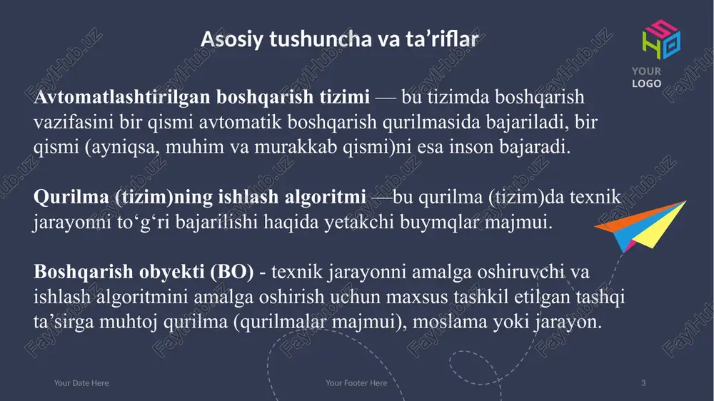 halliy teskari bog‘langan element yoki korrektlovchi qurilma. 8 - asosiy teskari bog‘lanish elementi yoki axborot datchiklari deyiladi. funksional sxema ke - kuchaytiruvchi element ie — ijro elementi k - kuchaytirgich © copyright showeet.com – creative & free powerpoint templates 8 2. strukturaviy sxema (model) - bu sxema tizimning matematik modelini bildiradi. bunda har bir elementga mos ravishda algebraik, differensial, integral tenglamasi yoki qandaydir uzatish funksiyasi keltiriladi your date here strukturaviy sxema 3. prinsipial sxema - bu sxema funksional sxemani kengaytirilgan ko‘rinishi bo'lib, bunda har bir elemental kengaytirib ko‘rsatiladi. o ‘zgarmas tok generatorining kuchlanishini avtomatik boshqarish tizimining prinsipial sxemasi. thank you ! made with by © copyright showeet.com © copyright showeet.com – creative & free powerpoint templates 10 image4.png image5.png image6.png image7.jpeg image8.jpeg image9.jpeg image1.png image2.png image3.png nf l—+ ron | ¥(p) — - shwweet «