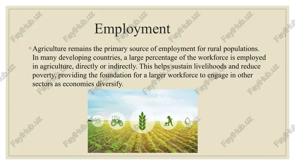 ices can create instability in incomes, which limits economic growth potential. population growth and land scarcity: rapid population growth places pressure on land resources. as demand for food increases, the need for sustainable agricultural practices grows, as does competition for limited arable land. this can lead to conflict over resources and inefficiencies in land use. agriculture and sustainable economic growth: sustainable agriculture is critical for ensuring that the economic benefits of agriculture are long-term. here are some strategies for promoting sustainable agriculture that can foster economic growth: diversification of agricultural products: encouraging farmers to diversify their crops or livestock helps spread risks and increases the variety of products available in the market. this diversification can boost household income and contribute to greater food security. promotion of eco-friendly practices: practices like organic farming, conservation tillage, agroforestry, and crop rotation can help preserve the environment while boosting productivity. these eco-friendly techniques also …