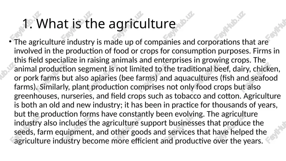 d sustainability, contributing to economic growth. 3. agriculture impact to gdp agriculture plays a significant role in a country's gross domestic product (gdp), especially in developing nations where it contributes a large share to economic output. the impact of agriculture on gdp can be analyzed in several ways:1. direct contribution to gdpagriculture directly contributes to gdp through crop production, livestock, fisheries, and forestry.the percentage varies by country—developed economies have a lower share (typically below 5%), while developing nations may have 15-30% or more of their gdp coming from agriculture. employment & livelihoodagriculture employs a significant portion of the population, particularly in rural areas.in many developing countries, over 50% of the workforce is engaged in agriculture, contributing indirectly to economic stability.3. linkages to other sectorsagriculture supports industries like food processing, agribusiness, logistics, and manufacturing.it provides raw materials for industries such as textiles (cotton), biofuels, and food production. image1.jpeg image2.jpeg image3.jpeg image4.tmp …