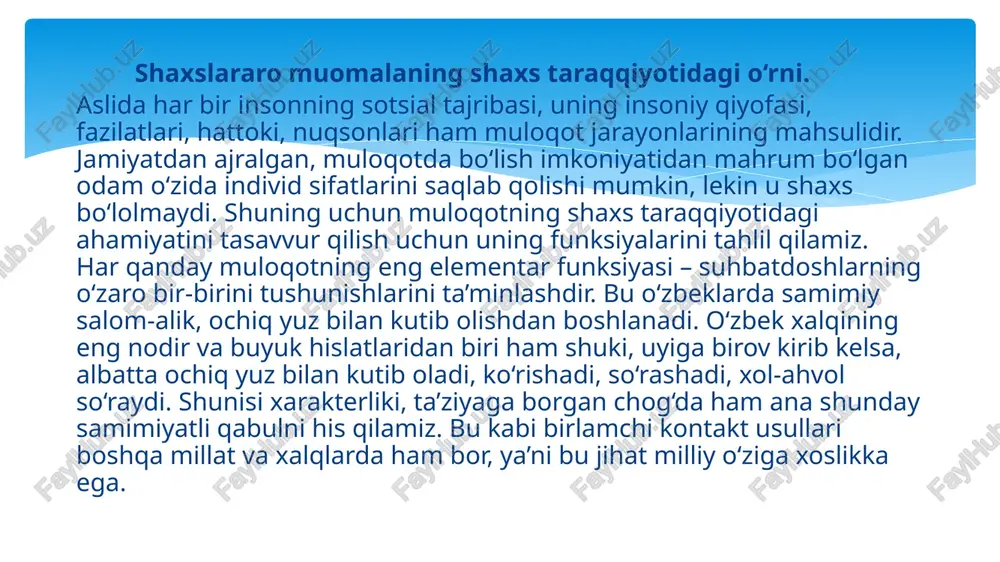insoniyat turi yo`q bo`lib ketmasdi, lekin jamiyatning taraqqiyoti ancha orqaga surilibgina emas, balki yo`qolib ham ketishi mumkin edi». haqiqatan ham, avlodlararo muloqotning borligi tufayli har bir jamiyatning o`z madaniyati, madaniy boyliklari, qadriyatlari mavjud bo`ladiki, buning ahamiyatini tushungan insoniyatning eng ilg`or vakillari uni doimo keyingi avlodlar uchun saqlab keladilar hamda ta’lim, tarbiya va kundalik muloqot jarayonida uni avloddan-avlodga uzatadilar. muloqotning hayotimizdagi shakl va ko`rinishlariga kelsak uning har bir shaxsning hayotiy vaziyatlarga mos keladigan, o`sha vaziyatlardan kelib chiqadigan ko`rinishlari va turlari haqida gapirish mumkin. lekin umumiy holda har qanday muloqot yo rasmiy yoki norasmiy tusda bo`ladi. agar rasmiy muloqot odamlarning jamiyatda bajaradigan rasmiy vazifalari va xulq-atvor normalaridan kelib chiqsa, masalan, rahbarning o`z qo`l ostida ishlayotgan xodimlar bilan muloqoti, professorning talaba bilan muloqoti va hokazo, norasmiy muloqot — bu odamning shaxsiy munosabatlariga tayanadi va uning mazmuni o`sha suhbatdoshlarnnng fikr-o`ylari, niyat-maqsadlari va emotsional munosabatlari bilan belgilanadi. masalan, do`stlar suhbatdoshi, poezdda uzoq safarga chiqqan yo`lovchilar …