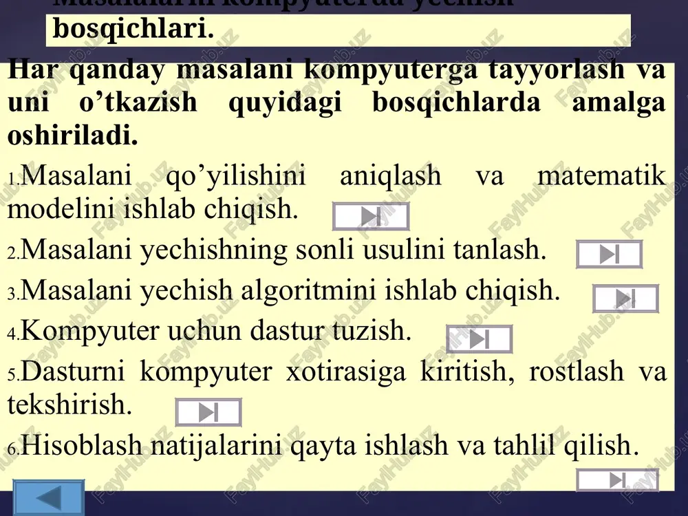 qoidalariga aniq rioya qilib masalani echadi. { avvalo algoritm tushunchasi ix asrda yashab ijod etgan buyuk bobokalonimiz muhammad al-xorazmiy nomi bilan uzviy bog’liq-ligini tushuntirish lozim. algoritm so’zi al-xorazmiyning arifmetikaga bag’ishlangan asarining dastlabki betidagi “dixit algoritmi (“dediki al-xorazmiy” ning lotincha ifodasi) degan jumlalardan kelib chiqqan. shundan so’ng al-xorazmiyning sanoq sistemasini takomillashtirishga qo’shgan hissasi, uning asarlari algoritm tushunchasining kiritilishiga sabab bo’lganligi ta’kidlab o’tiladi. algoritm nima degan savolga, u asosiy tushuncha sifatida qabul qilinganligidan, uning faqat tavsifi beriladi, ya’ni biror maqsadga erishishga yoki qandaydir masalani yechishga qaratilgan ko’rsatmalarning (buyruqlarning) aniq, tushunarli, chekli hamda to’liq tizimi tushuniladi. algoritm { algoritmning asosiy xossalari 1. diskretlik, ya’ni algoritmni chekli sondagi oddiy ko’rsatmalar ketma-ketligi shaklida ifodalash mumkin. 2. tushunarlilik, ya’ni ijrochiga tavsiya etilayotgan ko’rsatmalar uning uchun tushunarli bo’lishi shart, aks holda ijrochi oddiy amalni ham bajara olmay qolishi mumkin. har bir ijrochining bajara olishi mumkin bo’lgan ko’rsatmalar tizimi mavjud. 3. aniqlik, ya’ni ijrochiga berilayotgan ko’rsatmalar aniq mazmunda …