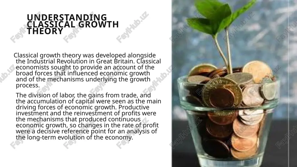 ery and infrastructure is key. 7 david ricardo (1772–1823) expanded upon smith’s ideas, particularly in principles of political economy and taxation (1817). he is best known for his theory of comparative advantage and the law of diminishing returns. david ricardo law of diminishing returns: ricardo argued that as more labor and capital are applied to a fixed amount of land, productivity decreases over time. comparative advantage: countries should specialize in the production of goods in which they have a relative efficiency advantage, fostering international trade. rent theory: landowners benefit disproportionately from economic growth due to increasing land scarcity, which can lead to rising rent and inequality. the role of capital accumulation smith savings and investment are crucial for growth. ricardo profits are the primary source of accumulation. the industrial revolution in britain was driven by capital investment. this resulted in factories and machinery. 9 negative effect of classic economic growth …