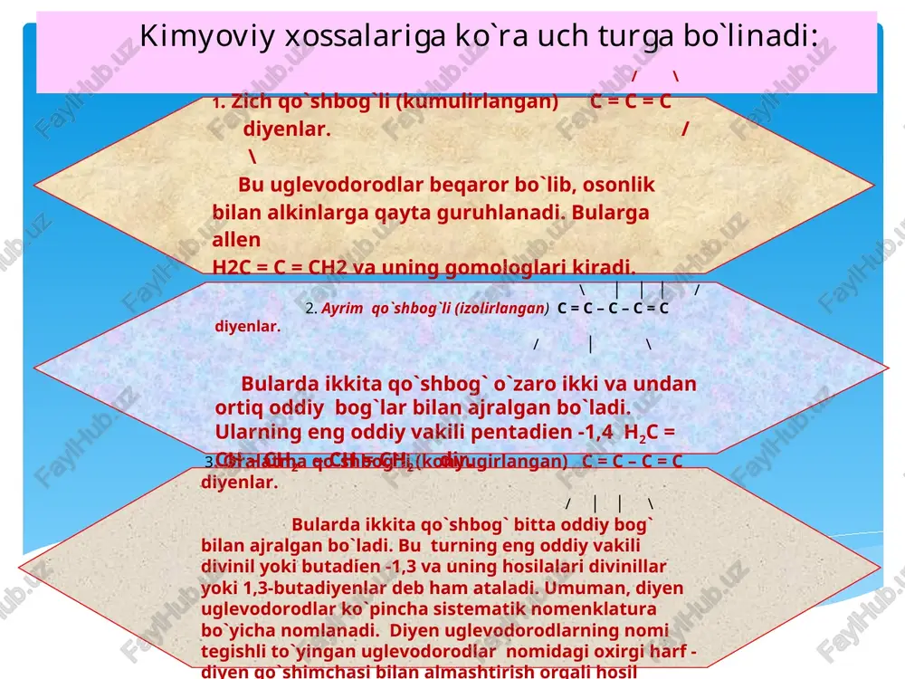 kirisha oladilar. bunda bir molekula 1,2-birikish, ikkinchi molekula 1,4-birikish bo’yicha ta’sir etadi. qisman har ikki molekulani 1,4-birikishi bo’yicha ta’sir etishi ham mumkin: polimerlanish. diyen uglevodorodlari ishqoriy metallar metalloorganik birikmalar ishtirokida polimerlanib yuqori molekulali birikmalar – kauchuk hosil qiladilar. polimerlanish ham 1,2-1,4 va 1,4-1,4-ko’rinishlarda borishi mumkin: k a u ch u k diyen uglevodorodlarining polimerlanishi natijasida hosil bo’ladigan birikmalar kauchuk deyiladi. kauchuklar 2 turga – tabiiy va sintetik kauchuklarga bo’linadilar. kauchuk xalq xo’jaligining turli-tuman sohalarida ishlatiladi, u rezinaning asosiy tarkibiy qismini tashkil qiladi. kauchukdan rezina tayyorlash uchun unga ma`lum miqdorda oltingugurt qo`shib ishlanadi. bundan tashqari to`ldirgichlar, stabilizatorlar, aktivatorlar, qotiruvchilar, ba`zan bo`yoqlar ham qo`shiladi. kauchukka 32 prosentga qadar oltingugurt qo`shilganda qattiq modda hosil bo`ladi va u ebonit deb ataladi. ebonit elektrotehnikada izolyator sifatida ishlatiladi. kauchuk benzinda, benzolda, uglerod sulfidda yaxshi eriydi, past temperaturada mo`rt bo`lib qoladi, qizdirilganda esa yopishqoq holga keladi. uning organik erituvchilarda eruvchanligi chiziqsimon tuzilgan yuqori molekulyar birikma ekanligidan dalolat …