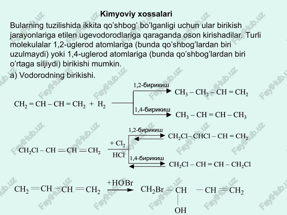 + (n-3,5)h2o b) cnhn-2+ o2 = nco2 + h2o h= n-2 / 2 = 0,5n-1 cnhn-2+ o2 = nco2 + (0,5n-1)h2o o= 2n + (0,5n-1) = 2,5n-1 /2 = 1,25n-0,5 cnhn-2+ (1,25n-0,5)o2 = nco2 + (0,5n-1)h2o 2-masala. pentadiyen-1,3 ning qanday massasi 89,3 g 2,5% li bromli suv bor idish orqali o`tkazilganda 3:2 mol nisbatda di va tetrabromli hosilalari paydo bo`ladi. 89,3g eritma ---------------- 100% eritma x= 2,2325gbr2 -------------- 2,5% br2 x = 0,68g 2,2325g 5ch2=ch-ch=ch-ch3 + 7br2 = 3ch2(br)-ch=ch-ch(br)-ch3 + 340g 1120g 2ch2(br)-ch(br)-ch(br)-ch(br)-ch3 1,4-dibrompenten-2 va 1,2,3,4-tetrabrompentan 3-masala. lebedov usuli bo`yicha 1 tonna butdiyen kauchuk olish uchun necha tonna bug`doy kerak (unum 75% bug`doyda kraxmal 40%) h2o(h+) spirtli bijg’ish degidrogidratlash polimerlanish bug’doy → kraxmal → glyukoza → etil spirt → butadiyen-1,3 → kauchuk x=2,89 tonna x= 3,21tonna x=1,64 tonna x=1 tonna 1 tonna bug’doy→(c6h10o5)n→nc6h12o6 →2c2h5oh→ch2=ch-ch=ch2→(-ch2-ch=ch-ch2-)n 162 180 92 56 56 2,89 tonna kraxmal ----------100% unum x= 2,17 tonna kraxmal ------ 75% …