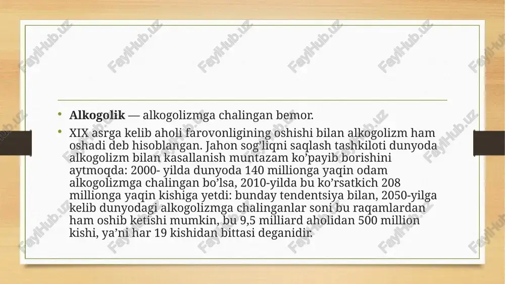 gik moyillik (yoki jismoniy omil). bunday fikrlar mavjud bo’lgan va hozirda ham mavjud. o’zgarishi va mutatsiyalari spirtli ichimliklarni iste’mol qilish darajasi va alkogolizm xavfi bilan assotsiatsiyalanadigan genlar: adh1b. psixologik omil. markaziy asab tizimining depressanti bo’lib, alkogol qadimgi davrlardan buyon odam tomonidan ishlatilgan. zaif, yaxshi tashkillashmagan shaxs bu dunyoda o’zini tobora ko’proq yo’qotib qo’ymoqda va natijada ichkilikka berilib ketmoqda. ma’lum bir psixiatrik kasallikning fonida alkogolizasiya og’ir shakl hisoblanadi. giyohvandlik, narkomaniya, bangilik — narkotik moddalarga oʻrganib qolish, ruju qilish, aniqrogʻi tabiiy yoki sintetik zaharli moddalar (ayrim dori moddalari)ni vaqtincha yoki surunkasiga isteʼmol qilish natijasida kelib chiqadigan kasallik holati. g. organizm somatik va ruhiy holatining chuqur oʻzgarishiga sabab boʻladi va giyohvandni tanazzulga olib boradi. g.da oʻzini toʻxtatib boʻlmaydigan darajada giyohvand moddalarni isteʼmol qilish mayli paydo boʻladi, giyohvand moddaning miqdoriga nisbatan ehtiyoj, ruhiy va jismoniy bogʻliqlik ortib boradi. g. asta-sekin boshlanib, surunkali davom etadi. giyohvand moddalar dastlab xushnudlik, dimogʻchogʻlik, xotirjamlik hissini uygʻotib, kayf qildiradi, …