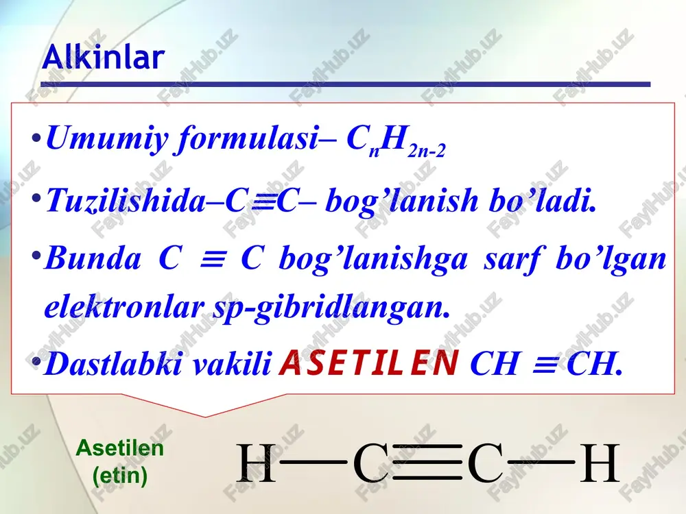 caasen * (izomeriyasi va nomenklaturasi ch=c-ch,ch;ch, ch=c-ch-ch, ch, ch,-cr-cu-cu, §8-9f ch;ch, h c c c h 2 c h 3 h 3 c c c c h 3 h 2 c c c h 3 c h 2 c c h c c c h 2 c c h h c c c h 2 *uglevodorodlarda izomerlar soni solishtirma jadyali h – c º c – h ch 3 – c º ch 2 c h 4 1 5 0 0 ° c h c c h + 3 h 2 c 2 h 6 1 2 0 0 ° c h c c h + 2 h 2 c a o + 3 c 2 5 0 0 ° c c a c 2 + c o c a c 2 + 2 h 2 o h c c h + c a ( o h ) 2 m …
