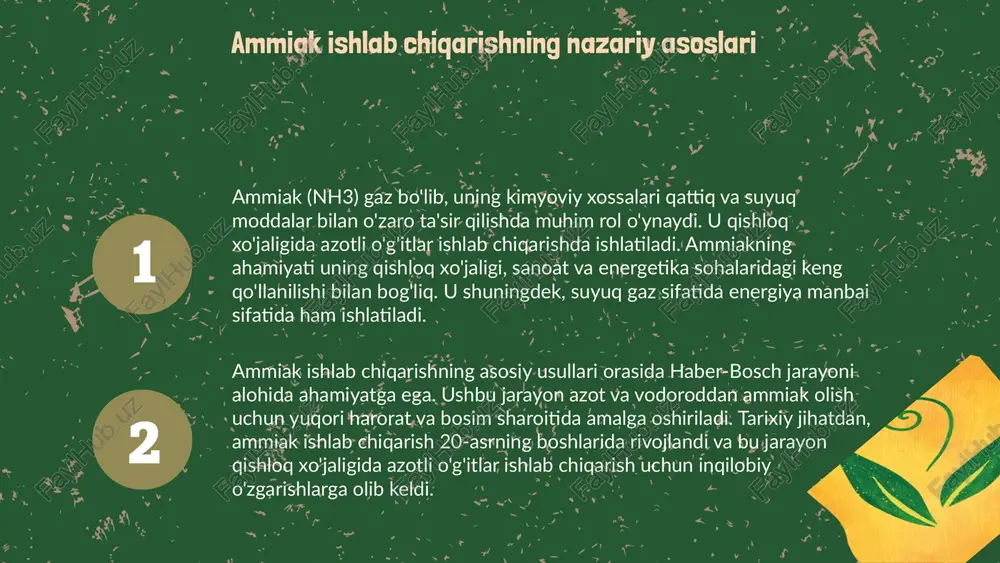 reaksiyalari sanoatda o'g'itlar ishlab chiqarishda keng qo'llaniladi. ushbu reaksiyalar agrar sohada va portlatgichlar tayyorlashda muhim ahamiyatga ega. ammiak va nitrat kislotaning ekologik ta'siri ammiak va nitrat kislotaning atrof-muhitga ta'siri jiddiy muammolarni keltirib chiqaradi. ularning yuqori konsentratsiyalari suv manbalarini ifloslantirishi, ekotizimlarga salbiy ta'sir ko'rsatishi va biologik xilma-xillikni kamaytirishi mumkin. shuningdek, bu moddalar tuproqqa kirib, uning sifatini yomonlashtirishi mumkin. ekologik xavfsizlik choralari sifatida ishlab chiqarish jarayonlarida to'g'ri nazorat va monitoringni amalga oshirish, chiqindilarni kamaytirish va qayta ishlashni joriy etish zarur. buning uchun innovatsion texnologiyalar va ekologik standartlarga amal qilish muhimdir. barqaror ishlab chiqarish usullari sifatida organik o'g'itlar va tabiiy resurslardan foydalanish, shuningdek, energiya samaradorligini oshirish va chiqindilarni qayta ishlashni rivojlantirish ko'zda tutilgan. bu usullar atrof-muhitga kam ta'sir ko'rsatadi va iqtisodiy samaradorlikni oshiradi. azotli kaliyli oʻgʻitlar: kirish umumiy ma'lumot azotli kaliyli oʻgʻitlar qishloq xo'jaligida ekinlarning o'sishini rag'batlantirish uchun zarurdir. ular azot va kaliy manbai bo'lib, tuproq unumdorligini oshirishda muhim rol o'ynaydi. oʻgʻitlarning turlari …