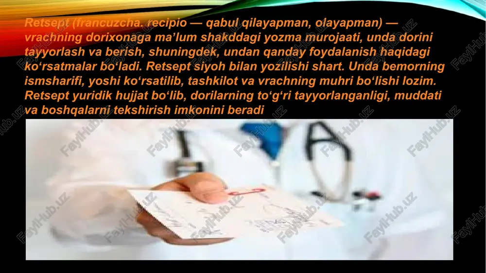 davom etadigan bemorlarga dorini qayta olishi uchun shifokor tomonidan retsept varaqasining yuqori qismi o'ng tomoniga quyidagi so’zlar yoziladi: repete! -takrorla! repete bis! - ikki marta takrorla! repete ter! - uch marta takrorla! dorini takror bermaslik uchun quyidagi so’z!ar yoziladi: non repetatur! -takrorlam a! da in capsulis. - kapsula shaklida ber. da in tabulettis. - tabletka shaklida ber. da in ampullis. - ampulada ber. da in charta. - qog’ozda ber. da in scatula. - qutichada ber iboralar e’tiboringiz uchun raxmat image2.png image3.png image4.jpeg image5.jpeg image6.png image7.jpeg image8.jpeg image9.gif image10.jpeg image11.jpeg image1.png cynpactun suprastin xnoponupaman pactsop ans nivoxunt bx mn munmucreperse xpavooxpanienust koa sbopar no oky i, poceuticnon @eaepaninn koa supesciciti 0 okto meuticxaa ao eymenrastt opaia ne 107-1/y vn pewedt (espocaniit, aetekmit — nynoe noaepkhyte) 7 > 20. r asnums, wemusaner ner h otucctsa (nocneance — npr wament) manera tiara poacacrain daniunet, memiulaty hmchh wh othcctba (hoccahcs — mph haima) achalieto …