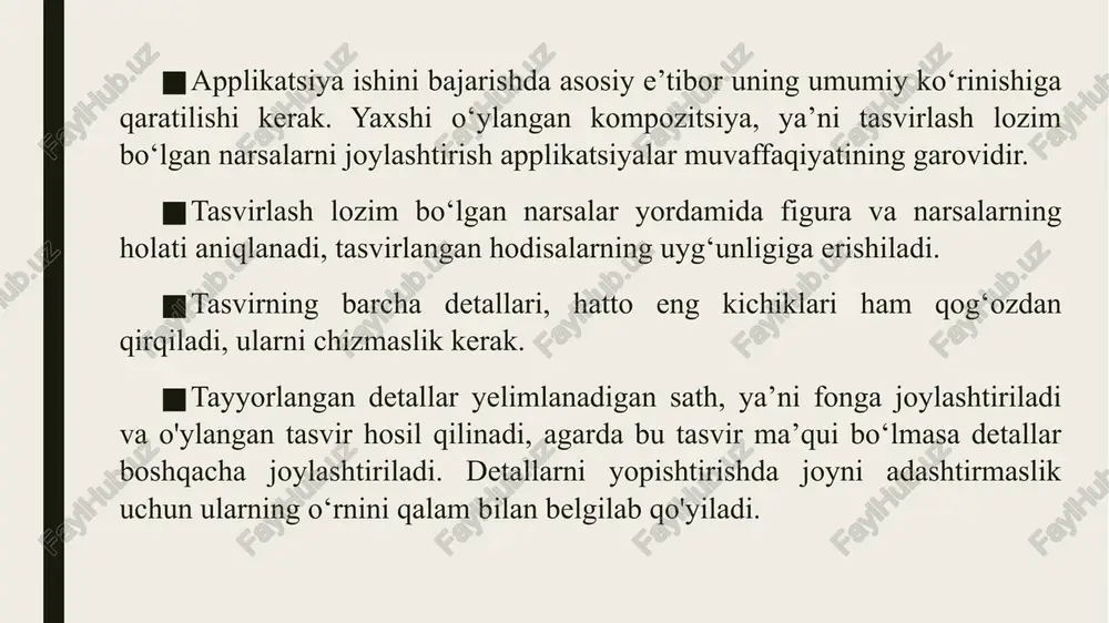 zatilib, tabrik so‘zi yoziladi. ish ijodiy tarzda bo‘lganligi uchun o‘quvchilar gullarni shoxlarga o‘zlari mustaqil joylashtiradilar. barglarni o‘qituvchi tarqatgan andoza bo‘yicha qirqadilar. tabriknomaning ichki tomoni naqsh bilan bezatilib, tabrik so‘zi yoziladi. mozaika monumental dekorativ san’at turlaridan biridir. turli davrlarda va turli mamlakatlarda mozaika qo‘llaniladigan materialiga ko‘ra ham, naqsh va rasmlariga ko‘ra ham o‘ziga xos xususiyatlarga ega bo‘lgan. o’rta osiyo madrasalari, masjidlar, hukmdorlarning saroylari mozaika bilan bezatilgan. mozaika hozirgi kunda monumental san’atga aylangan. mozaika bilan binolarning tashqi qismlari, devorlari va xalq amaliy san’ati asarlari bezatiladi. mozaika ishlarida oyna, sopol plitalaridan foydalaniladi. mohir ustalar rangli ko‘zgu parchalaridan ajoyib mozaika asarlari yaratishadi, ular quyoshda bir-biriga qo‘shilib va porlab, shodlik kayfiyatini yaratadi. mozaika bu rasm sathiga ayrim parchalar (qog‘oz, oyna, sopol, gul tojibarglari, tuxum po'sti va shu kabilar)ni qo‘yib chiqishdir. 1. tuxum po'stidan mozaika ishlarini bajarish uchun yuvib quritilgan tuxum po‘sti mo‘yqalam yordamida akvarel bo‘yoqlari bilan kerakli ranglarga bo‘yaladi. 2. bo‘yoq qurigandan keyin tuxum po‘stini …