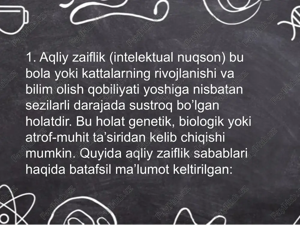 ilik • duradgorlik • to‘quvchilik •bog‘dorchilik va qishloq xo‘jaligi • hayvonlarga qarash • tozalash ishlari •oshxona yordamchisi • xizmat ko‘rsatish •mahsulotlarni qadoqlash va yig‘ish •texnik xizmat ko‘rsatish • hunar o‘rganish • avtomobil yuvish •san’at va ijodiy ishlar • rassomlik va bo‘yash • qo‘l san’atlari •ofis va ma’muriy yordam aqli zaif bolalar uchun maxsus o‘quv markazlari va reabilitatsiya dasturlarida quyidagi kasblar o‘rgatilishi mumkin: • qo‘l u (qo‘lda mahsulotlar yasash). • texnika bilan bog‘liq oddiy ishlov berish. muhim jihatlar 1. kasb tanlashda bolaning qobiliyati, qiziqishi va sog‘lig‘i hisobga olinishi kerak. 2. har bir vazifa ular uchun oddiy va tushunarli qilib tayyorlanishi lozim. 3. doimiy nazorat va qo‘llab-quvvatlash ularning muvaffaqiyatini oshiradi. 4. kasb tanlash jarayoni maxsus pedagoglar va psixologlar bilan maslahatlashgan holda amalga oshirilishi kerak. bunday bolalar oddiy kasblar orqali jamiyatda o‘z o‘rnini topib, foydali mehnat bilan shug‘ullanish imkoniyatiga ega bo‘lishlari mumkin. etiboringiz uchun raxmat! image2.jpeg image3.jpeg image4.jpeg image5.jpeg image6.jpeg image7.jpeg image1.png a