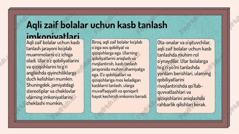 blarni o‘z ichiga oladi; 3) ota-onalar va mutaxassislar bilan maslahatlashish, bu jarayonda bolalarning imkoniyatlari va ehtiyojlariga asoslangan tavsiyalar beriladi. kasb tayyorlash uchun zarur ko'nikmalar zehniy qiyinchiliklari bo'lgan bolalar uchun zarur ko'nikmalar: 1. muloqot ko'nikmalari 2. mustaqil hayot kechirish ko'nikmalari 3. muammolarni hal qilish ko'nikmalari 4. ijtimoiy ko'nikmalar 5. vaqtni boshqarish ko'nikmalari. tayyorlash jarayoni: bu ko'nikmalarni rivojlantirish uchun bolalarga amaliy mashg'ulotlar va o'yinlar orqali o'qitish zarur. o'qituvchilar va ota-onalar bolalarga qo'llab-quvvatlovchi muhit yaratishlari va ularning qobiliyatlarini oshirishga yordam berishlari kerak. qo'llab-quvvatlash imkoniyatlari: 1. ota-onalar uchun treninglar va seminarlar 2. o'qituvchilar uchun maxsus tayyorgarlik dasturlari 3. ijtimoiy xizmatlar tomonidan taqdim etiladigan resurslar. kasb tayyorlash jarayoni kasb tayyorlash jarayoni bir necha asosiy bosqichlardan iborat: ta'lim, amaliyot va baholash. har bir bosqich o'ziga xos vazifalar va maqsadlarni o'z ichiga oladi, bu esa o'quvchilarning kasbiy ko'nikmalarini rivojlantirishga yordam beradi. ta'lim usullari: - nazariy darslar: mavzularni tushuntirish va nazariy bilimlar berish. - amaliy darslar: o'quvchilarning amaliy …