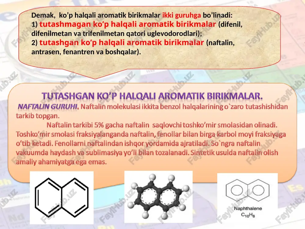 qizil rangdagi ignasimon kristall modda, 289oc da suyuqlanadi. suvda yomon, ishqorlarda yaxshi eriydi. alizarin bevosita bo’yovchi emas, lekin ba`zi metallar (alyuminiy, xrom, temir) oksidlari bilan rangli birikmalar hosil qiladi. fenantren yaltiroq, rangsiz kristallar. t-suyuqlanish 101 °c, t-qaynash 340 °c. suvda erimaydi, organik eritmalarda eriydi. bo’yoqlar ishlab chiqarishda ishlatiladi. antraxinon antraxinon — 9,10-antrasendiyenon, ochiq sarg’ish rangli kristallar, suvda deyarli erimaydi, organik eritmalarda eriydi. birinchi marta 1835 yilda ogyust loran tomonidanan antrasenni nitrat kislota bilan oksidlab olgan. anilin va nitrobenzolda eriydi. ogyust loran foydalanilgan manbalar: fon slaydov http://shkolazhizni.ru http://school-collection.edu.ru sera http://files.school-collection.edu.ru/dlrstore/bed068ac-8cff-11db-b606-0800200c9a66/ch09_22_08.jpg jelezo http://files.school-collection.edu.ru/dlrstore/0ab9188a-4185-11db-b0de-0800200c9a66/01.jpg zoloto http://files.school-collection.edu.ru/dlrstore/0ab91889-4185-11db-b0de-0800200c9a66/zoloto4.jpg kaliy http://files.school-collection.edu.ru/dlrstore/0ab8f17f-4185-11db-b0de-0800200c9a66/ch09-06_05.jpg kaltsiy http://files.school-collection.edu.ru/dlrstore/0ab9188d-4185-11db-b0de-0800200c9a66/01.jpg magniy http://files.school-collection.edu.ru/dlrstore/0ab91882-4185-11db-b0de-0800200c9a66/ch09_06_08.jpg marganets http://files.school-collection.edu.ru/dlrstore/0ab9188b-4185-11db-b0de-0800200c9a66/ch09_06_17.jpg natriy http://files.school-collection.edu.ru/dlrstore/0ab8f17e-4185-11db-b0de-0800200c9a66/ch09_06_04.jpg rtut http://files.school-collection.edu.ru/dlrstore/0ab93f91-4185-11db-b0de-0800200c9a66/01.jpg svinets http://files.school-collection.edu.ru/dlrstore/0ab91887-4185-11db-b0de-0800200c9a66/ch09_06_10.jpg serebro http://files.school-collection.edu.ru/dlrstore/0ab91888-4185-11db-b0de-0800200c9a66/ch09_06_11.jpg xlor http://files.school-collection.edu.ru/dlrstore/bed0688e-8cff-11db-b606-0800200c9a66/ch09_1