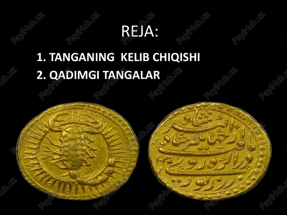 tish mal eti hi ss qudratiga ega edilar. halliy hokimliklar tomonidan zarb gan tangalar birinchi bor shimoliy toharistonda, aniqrog‘i, chag‘oniyonda milodiy v asrdan chiga boshlagan. bu mis tangalarning tomonida mahalliy hukmdorning surati, orga tomonida esa langarsimon tamg‘a chekilgan edi. poadimgi yunon tangalari of /docprops/thumbnail.jpeg ‘termiz davlat universitet!