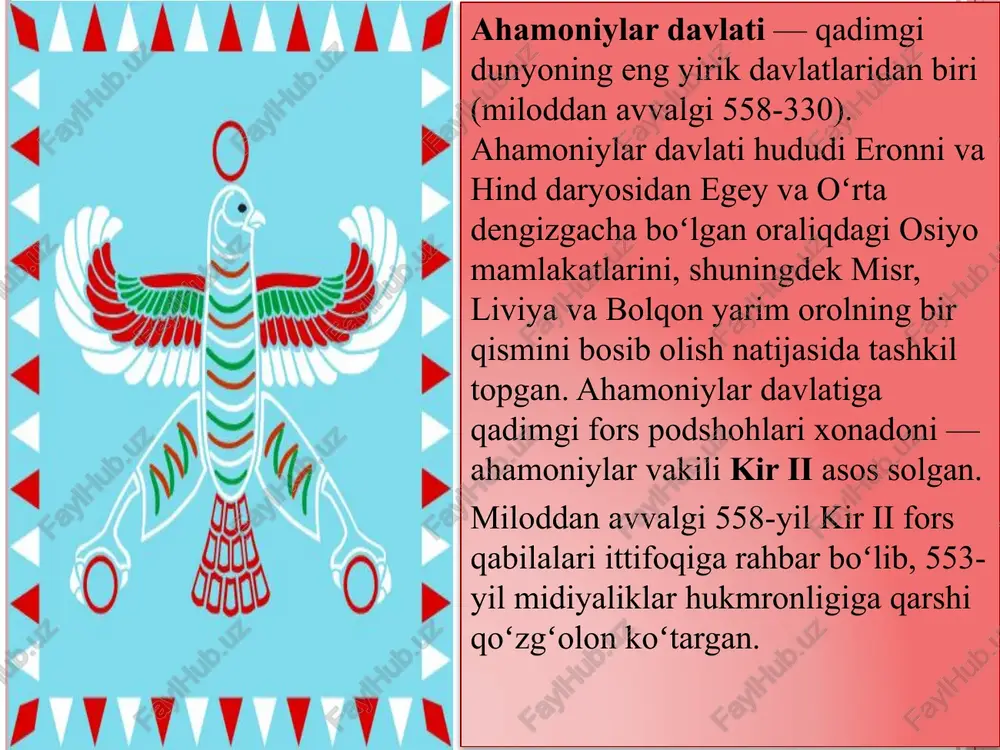 vvalgi 520-518-yillarda yuz bergan. ahamoniylar hukmronligiga qarshi ozodlik va erk deb bosh ko'targan xalq qahramonlari timsoliga shiroq harakati ham yorqin misol bo'la oladi. jangnoma tilidagi mashhur afsona hisoblangan «shiroq» tarixiy voqealar asosida vujudga ke1gan va barchaning e'tiborini o'ziga tortgan. bu qadimgi afsonani birinchi marta yunon tarixchisi poliyen o'zining «harbiy hiylalaf» degan asarida keltirgan. asarda shiroq - siyrak deb nomlangan. afsonada sak qabilasidan chiqqan otboqar shiroqning buyuk ja orati, tadbirkorligi, vatanparvarligi va erkparvarlik fazilatlari hikoya qilinadi. shiroq o' z qabilasi manfaatlarini himoya qilib, eron shohi doro lasbkarlariga qarshi chiqadi va harbiy hiyla bilan uning qo'sbinlarini chalg'itib, suvsiz, qizilqumning dasht-sahrosiga boshlab boradi. suvsizlik ochlikdan, darrnonsiz qolgan g'anim lashkarlari halokatga uchraydi. el-yurt vayrongarchilikdan saqlab qolinad o’rta osiyo ahamoniylar davlati tarkibida 12323 15 o’lka 16 o’lka baqtiriylar,marg’iyo-naliklar egllar saklar kasiylar parfiyaliklar xorazliklar sug’diylar ariylar satrapliklar 12 o’lka soliqlar turi va hajmi 360 talant 250 talant 300 talant kumush tuyalar hunarmandchilik buyumlari otlar kiyim-kechaklar gazlamalar …