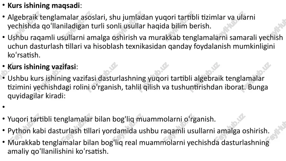 𝑦−𝑧=12𝑥−2𝑦+4𝑧=−2−𝑥+12𝑦−𝑧=0x, y, z uchta o‘zgaruvchidagi uchta tenglamalar tizimidir. chiziqli tizimning yechimi - barcha tenglamalar bir vaqtning o‘zida qondiriladigan o‘zgaruvchilarga qiymatlarni belgilash. yuqoridagi misolda yechim tartiblangan uchlik bilan berilgan (𝑥,𝑦,𝑧)=(1,−2,−2), chunki u barcha uchta tenglamani haqiqiy qiladi. “tizim” so‘zi tenglamalarni alohida emas, balki birgalikda ko‘rib chiqish kerakligini ko‘rsatadi. chiziqli tizimlar chiziqli algebraning asosi va asosiy qismi bo‘lib, ko‘pchilik zamonaviy matematikada qo‘llaniladi. yechimlarni topish uchun hisoblash algoritmlari raqamli chiziqli algebraning muhim qismi bo‘lib, muhandislik, fizika, kimyo, informatika va iqtisodiyotda muhim rol o‘ynaydi. chiziqli bo‘lmagan tenglamalar tizimini ko‘pincha chiziqli tizim (chiziqlashtirishga qaraydi}, matematik modelni yaratishda yoki nisbatan murakkab tizimning kompyuter simulyatsiyasini yaratishda yordam beradigan usul bilan yaqinlashishi mumkin. ko‘pincha va ushbu maqolada tenglamalarning koeffitsientlari haqiqiy yoki murakkab raqamlardir va yechimlar bir xil raqamlar to‘plamida qidiriladi, ammo nazariya va algoritmlar har qanday sohada koeffitsientlar va echimlar uchun qo‘llaniladi. butun sonlar halqasi yoki boshqa algebraik tuzilmalar kabi integral sohadagi yechimlar uchun boshqa nazariyalar ishlab chiqilgan, …
