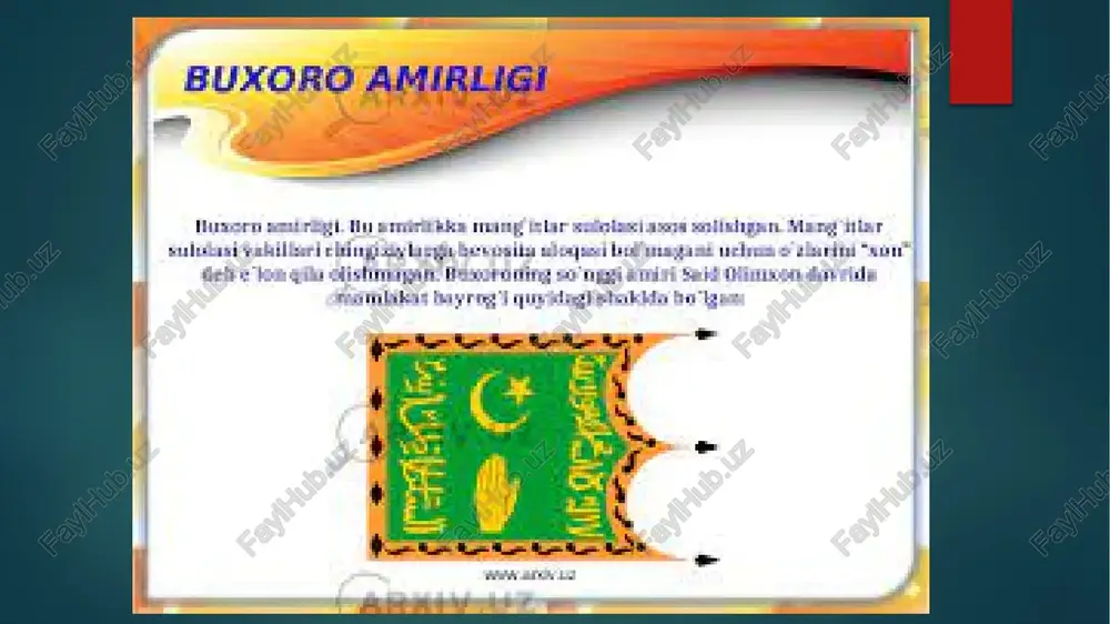 `q edi. “eshik og`osi” – amir saroyining posbonligi va muhofazasi, hamda shofirkon tumaning hukumati va mirobligi uning zimmasida edi. chig`atoy begi – chig`atoy jamoasining boshlig`i “to`qsoba” – amir dasturxoni ustiga idish-tovoqlarni tartib bilan qo`yib, amirga sharbat, ayron va yaxob quyib bergan. “mirioxuri kalon” – katta miroxur. amir otxonasi boshlig`i. quyidagi amaldorlar saroyga piyoda kirib borganlar. martabalari “inoqi xurd” darajasiga yaqin bo`lgan. bular qo`rchiboshi – surp(qo`rg`oshin), borud zahiralarining tayyorlashiga javob berardi. ba`zi ariqlarning mirobligi ham unga berilardi. “udaychi” – urush va yurishlar vaqtida sarbozlarni saf-saf tartibga solar, naqib maslahati bilan mulozim va xizmatkorlar bilan ta`minlardi. – qorovullar, posbon va soqchilar boshlig`i. davlat xavfsizligiga javobgar edi. to`shakxona mehtari – qo`shin va askarlarini zarur bo`lgan kiyim-kechaklar bilan ta`minlagan, maoshlarni xazinadan bergan. image6.jpg image7.jpg image8.jpg image9.png image10.jpg image11.jpg image12.jpg image13.jpg image14.jpg image2.png image3.png image4.png image5.png buxoro amirlige i buxoro amirlikdagi eng katta ier ee ese fecal eee ‘yaz bosh, ming bean sing! nal fovesimisr …