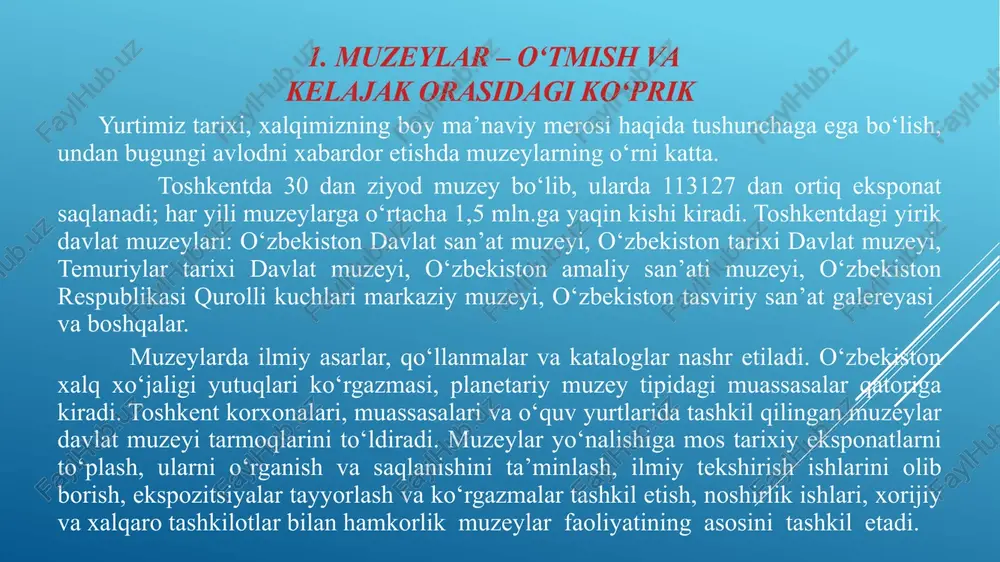bundan tashqari, muzey turli chet el tashkilotlaridan, kompaniyalardan kelgan chet ellik olimlarga muzeyni tanishtirish ekskursiyalarini tashkillashtiradi. muzey zallaridan eksponatlar va boshqa ko‘rgazma jihozlari to‘g‘risidagi ma’lumotlar o‘rin olgan. ko‘rgazma materiallarining namoyish etilishi 3 tilda, ya’ni davlat tili, rus va ingliz tillarida olib boriladi. dunyoning mashhur muzeylari luvr muzeyi ermitaj muzeyi metropoliten san’at muzeyi vatikan muzeyi misr muzeyi london muzeyi dunyoning mashhur muzeylari parijdagi luvr muzeyi dunyoning eng katta va ko‘p tashrif buyuriladigan san’at muzeylaridan biridir. muzey 1793-yilda ochilgan bo‘lib, luvr qasri qirol saroyida joylashgan. luvr qasrining asosiy qismida 1989-yilda mashhur shisha piramida qurilgan va hozirda muzeyga asosiy kirish zali hisoblanadi. undagi eksponatlar turli xil davlatlar — qadimiy misr, yunoniston va rim, o‘rta asr yevropasi, napoleon fransiyasidan keltirilgan. eng mashhur eksponatlardan biri, ko‘pchilikning e’tiborini tortgan leonardo da vinchining mona lisa asaridir. vatikan muzeyi vi asrda rim papasi yuliy ii tomonidan tashkil qilingan, rimdagi vatikan shahri ichida joylashgan vatikan muzeylarini dunyoning eng noyob …