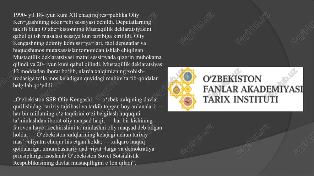 lari" mavzusidagi maqolalar to'plamlari tarzida chop etilgan. tarix institutining ilmiy va tashkiliy faoliyatida tub o'zgarishlar o'zbekiston mustaqillikka erishganidan so'ng sodir bo'ldi. sovet davrida tarix fani sof g'oyaviy va siyosiy xususiyatga ega bo'lib, kommunistik mafkurani targ'ib qilish uchun xizmat qildi. mustaqillikning dastlabki yillaridan boshlab institut xodimlari sovet davri tarixining soxtalashtirilgan yoki unutilgan sahifalarini o'rganishga jiddiy e'tibor berdilar. o'zbekiston tarixidagi ko'plab muammolar yangi nuqtai nazardan xolisona baholandi. o'zbekiston respublikasi vazirlar mahkamasining 1998-yil 27-iyuldagi "o'zbekiston respublikasi fanlar akademiyasi tarix instituti faoliyatini takomillashtirish to'g'risida"gi qarori tarixiy vazifalarni strategik o'zgartirish uchun asos bo'ldi. 1998-yildan boshlab institutda yahyo g'ulomov nomidagi "o'zbek xalqi va davlatchiligi tarixi" mavzusida ilmiy konferensiya o'tkazib kelinmoqda. mustaqillik yillarida institut tomonidan "o'zbekiston tarixi" maxsus tarixiy ilmiy jurnal, davriy nashrlar, "o'zbekiston tarixining yangi sahifalari" tadqiqot risolalari va o'zbekiston tarixining turli davrlariga bag'ishlangan bir qator yirik monografiyalar nashr etildi. mustaqillik yillarida institut mamlakatimizda tarixiy tadqiqotlarni muvofiqlashtirish va malakali ilmiy kadrlar maktabini shakllantirish markaziga aylandi. umuman …