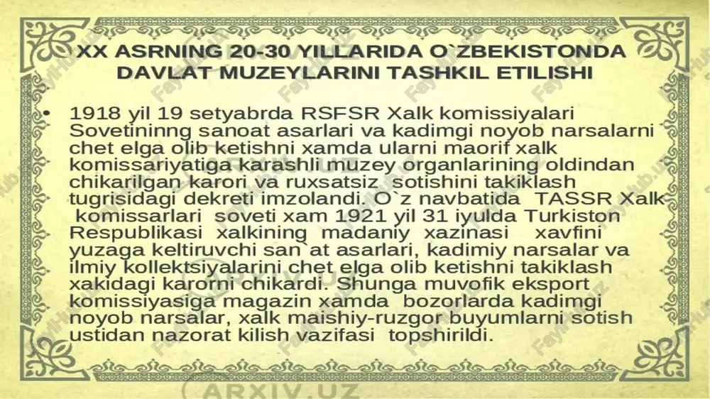 va 80 tasi fan nomzodi edi. 40- yillarning ikkinchi yarmida respublika olimlarining kuchlari asosan urushdan keyingi iqtisod, madaniyat, tibbiyot va boshqa sohalarni yuksaltirishga yo‘naltirilgandi. 1958-yili toshkent shahri yaqinida yadro reaktori qurildi, u yadro fizikasi taraqqiyotiga asos bo‘ldi. 60-70-yillarda o‘zbekiston tabiiy va ijtimoiy fanlar sohalarida ish olib borayotgan ilmiy muassasalarning faoliyati butunlay respublika oldida turgan muhim iqtisodiy va madaniy masalalarni yechishga yo‘naltirilgandi. paxtachilik, irrigatsiya, energetika, rangli metallurgiya va boshqa tarmoqlar yuksalishining kompleks tadqiqiga alohida e’tibor qaratildi. 1987-yili toshkent viloyatining parkent tumanida nodir “katta quyosh pegi” bizerkal optik-gelio-energetik tizim qurilishi tugallandi va ishlatishga topshirildi. o‘zbekiston respublikasi fanlar akademiyasi tashqi ishlar vazirligi va yunesko ishlari bo‘yicha o‘zbekiston respublikasi milliy komissiyasi bilan hamkorlikda 2006-yil 20-sentabrdan – 12-oktabrgacha yuneskoning shtab-kvartirasida (parij sh.) ko‘rgazma tashkil qilishdi va xorazm ma’mun akademiyasining 1000 yilligiga bag‘ishlangan ilmiy anjuman o‘tkazishdi. o‘zbekistondagi xorij davlatlarning qator elchixonalari o‘zbekiston respublikasi fanlar akademiyasi olimlari ishtirokida xorazm ma’mun akademiyasi faoliyatiga bag‘ishlangan tadbirlar o‘tkazishdi, shunday konferensiyani …
