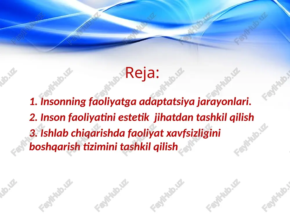 bul qilish va ularning bajarilishini nazorat etish jarayoni. korporatsiya - lotinchada “cjrpulentia” - to‘lalik degan so‘zdan olingan umumlashtirilgan tarzda quyidagi ma’nolarni anglatadi: 4. muayyan bir maqsadda uyushgan kishilar jamoasi. 1. kishilar jamoasini to‘laligicha bir maqsad sari uyushtirish; 2. bozor iqtisodiyoti sharoitida kishilarni aksionerlik jamoasiga to‘laligicha uyushtirish yoki birlashtirish; 3. kasbiy yo‘nalishiga qarab kishilarni davlat nazorati ostida to‘laligicha uyushtirish. korporativ boshqaruv – muayyan bir maqsadda uyushgan kishilar jamoasini (muassasa, korxona, tashkilot doirasida) tanlash, tegishli qarorlar qabul qilish va ularning bajarilishini nazorat etish jarayoni. korporativ boshqarish turli xil nomlarda ataluvchi, lekin yuridik shaxs maqomida faoliyat yurituvchi kishilar jamoasidir. foydalanilgan adabiyotlar: 1. qudratov, t.g’aniev, o’. yuldashev, g’.yo. yormatov, n. xabibullaev, f.d xudoev. «hayot faoliyati xavfsizligi» maruzalar kursi. toshkent 2005 y 2. yuldashev o.r., sapaev sh.m., va boshqalar «hayot faoliyati xavfsizligi» fanidan amaly mashg’ulotlar. o’quv qo’llanma. toshkent 2010 y 3. t.v. gitun, a.g eliseev i dr. «ekstremalnaya meditsina» polniy spravochnik. moskva 2006 g. 4. …