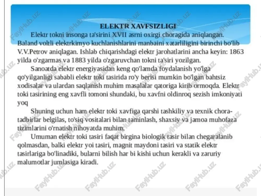 . odamiarning kichik toklar ta'sirida ham halok bo'lishi ehtimoli borligiga sabab shuki, elektr toki urishining natijasi tokning yurakka yoki nafas olish organlariga bevosita ta'sir etishiga bogliq bo'masdan, balki tokning turli tuman individual xususiyatlariga ega bolgan asab sistemasiga ta'sir etishiga ham boglliqdir. elektr tokidan jarohatlanishda odam tanasining qarshiligi kata ahamiyatga ega. odam tanasining tok ta'siriga qarshiligi 400 dan 100 000 om chegarasida o'zgerib turadi va texnik hisoblashlar uchun inson organizmi garshiligi 1000 om qabul gilingan. odam tanasining elektr toki lektr qurilmasining tegishli qismlarin: elektr tarmog’ ida! uzib qo’yish wy! see shikastlangan odamni elektr toki ta’siridan xalos qilish usullari elektr simlarini gastasi tok o’tkazmd digan asbob yoki qo’lgop kiyib uzis} bunda har bir sig alohida-alohida kesish kerak ‘ushidan ketgan bo’lsq@ ni tekis yamshog joygml wy! 4 h, birinchi yuziga suv sepish tibbiy yordam un’iy nafas oldirish? moy esa so & 1. organizmda bosqich- qon aylanishi va yura rishiga yordam berisl@ me ko’krak …