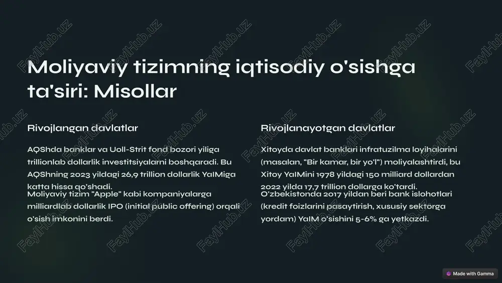 aif moliyaviy tizimlar inqirozga olib kelishi mumkin. masalan, 2008 yilgi global inqiroz aqsh banklaridagi noto'g'ri kreditlardan boshlandi. qarz yuklari: haddan tashqari kreditlash korxonalar va hukumatlarni qarz botqog'iga olib kiradi. tengsizlik: moliyaviy resurslar ko'pincha yirik biznesga yo'naltirilib, kichik fermerlar yoki tadbirkorlar e'tibordan chetda qoladi. 5 o'zbekistondagi holat 1 moliyaviy tizimning rivojlanishi 2017 yildan beri o'zbekiston bank sektorini isloh qildi – valyuta erkinlashuvi, xususiy banklar sonining oshishi (2023 yilda 33 ta bank faoliyat yuritmoqda), kredit foizlari 20% dan 15% gacha pasayishi. 2 ta'sir investitsiyalar oshdi (masalan, 2022 yilda chet el investitsiyalari 10 milliard dollarga yaqinlashdi). sanoat va qurilish sohasida o'sish (yaimning 30% dan ortig'i sanoatdan). 3 muammolar norasmiy iqtisodiyot (yaimning 30-40% taxmin qilinadi) moliyaviy tizimga to'liq kirmaydi. kichik biznes uchun kredit olish hali ham qiyin. 6 muhim jihatlar bog'liqlik rivojlangan moliyaviy tizimsiz iqtisodiy o'sish sekinlashadi, chunki kapital yetishmaydi. samaradorlik moliyaviy tizim resurslarni to'g'ri yo'naltirsa, iqtisodiyot unumdorligi oshadi. barqarorlik moliyaviy tizimning zaifligi (masalan, …