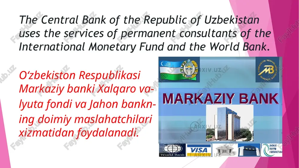 trln so‘m) tashkil etib, ularning 82 foizi davlat banklariga tegishli. banklarning majburiyatlari 33 mlrd dollarga (352,6 trln so‘m) yetdi, shundan 40 foizini depozitlar tashkil etadi. bank task bank vazifasi etiboringiz uchun rahmat tayorladi tuygunov jamshid thank you for your attention image1.jpeg image2.png image3.png image4.png image5.png image6.jpeg image7.jpeg image8.png image9.png image10.png image11.png image12.png image13.png image14.png image15.png sa - cashier's counter) - credit and itions; mainly co collecting temporary nd loans to enterprises eral, making yaluable securiti gold and foreig banklar (lot. ans — sar kreditmoliya muassasalart; asosan, ani to'plash, korxonalarga ie ok *, depozit (omonat) ne j qabul qilish “age mijozlarga b 09 kredit-hisob “a xizmati ko'rsatish 2 s ay x kreditlar berish 1 et oe accepting ‘ca ae deposits ‘ nm oe 9 ‘age. 9 providing credit- | account service — to customers wo . “ granting loans