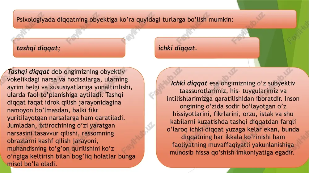 loq bo’limlarini sezgi xususiyatlari sezgi xususiyatlari ketma-ket obrazlar sensebilizatsiya sezishning boshlanishi keskin farqlanish (kontrast) moslashish (adaptatsiya) sezgi turlari sezgi turlari eksteroretseptiv ko’rish, hid bilish, ta’m bilish, eshitish, haroratni sezish, taktil propriotseptiv interortseptiv muskul-harakat og’riqni sezish, muvozanatni sezish, tezlanishni sezish ko’rish sezgilari. inson tomonidan rang va yorug’likni sezish ko’rish sezgilari tarkibiga kirib, uning organi - ko’z hisoblanib, u ko’z soqqasi va undan chiqib keladigan ko’ruv nervlaridan tashkil topgan. insonning hayoti va faoliyatida kurish sezgilarining roli benihoya katta. ko’rish hodisasini vujudga keltiruvchi fizik sabab har xil uzunlikda bo’lgan elektromagnit tulqinlaridir. odamning ko’zi 390 millimikrondan 800 millimikrongacha uzun elektromagnit tulqinlari taassurotini seza oladi. ko’z murakkab tuzilgan sezgi a’zosi bo’lib, u ko’z kosasida joylashgan va maxsus ko’z mushaklari yordami bilan har tomonga burila oladi. ko’zimizga ko’rinadigan har bir narsaning o’ziga xos rangi bor. faqat juda tiniq narsalarning rangi yo’q, shuning uchun ham ular ko’zga ko’rinmaydi. eshitish sezgilari tovushlarni eshitishdan iborat bo’lib, musiqaviy va shovqinli …