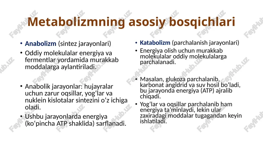 l ga teng. bu * — toqimalardagi'oksidlanish protsesslarining intensivligiga bog liq. * asosiy almashinuv energiyasi asosan ichki | © organlar ishini taminlash uchun sarflanadi,? & hey bo, \se-bheraiya sarfini tekshirish tex sate usullari. * vositali kolorimetriya printsipini 1.m.sechenov, *d.g.duglaslar ishlab chiqqan bo'lib, ajralgan energiya miqdori, sarflangan o2 va ajralib chiqqan so2 ga nisbatan hisoblanadi. * qancha ko’p energiya sarflansa, shuncha kop ity, kislorod o*zlashtirilib, karbonat angidrid ls chigariladi-va shunga yarasha gaytarilish- wi ‘ - a . oksidlanish reaktsiyalari kuchliroq boradi. wot im /docprops/thumbnail.jpeg 2 davlach eh 2isquruh jofrayeve marjona mauer almashinwvinng boshaarish