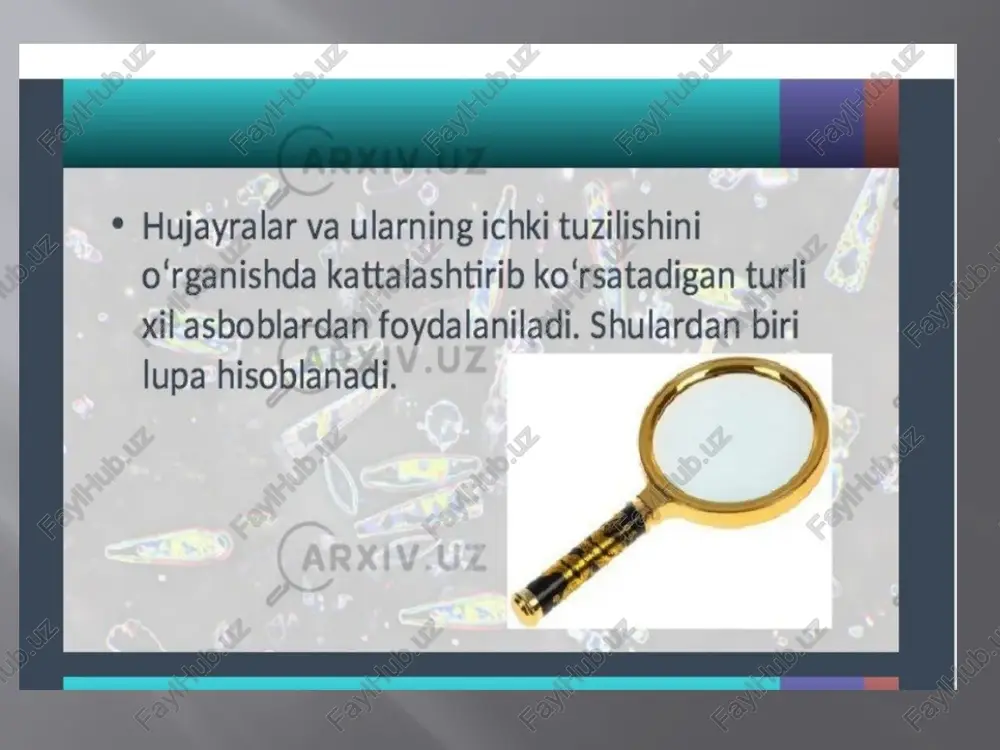i. shunga poe ritter va boshga olimlar yomg‘lik uchta alohida komponinidan whe anzil, ko‘zga_ ko‘rinadigan va ultrabinafsha gismlardan tashkil topadi degan xulosaga keladilar. ultrabinafsha nurlarni ham shartli ravishda to‘ guruhga bo‘lish tavsiya gilingan: 1.yaqin ultrabinafsha diapazon (nuv): 400 nm-315 nm; 2.0‘rta ultrabinafsha diapazon (muv): 300 nm— 200 nm; 3.uzog ultrabinafsha diapazon (fuv): 200 nm—122 nm. 4.ekstremal ultrabinafsha diapazon (euv): 121 nm-10 nm ultrabinafsha nurlaming*yerdagi asosiy manbayi quyosh hisoblanadi. yer az | sirtiga yetib keladigan ultrabinafsha nurlaming miqdori atmosferadagi azonning konsentratsiyasiga, quyoshning gorizontdan balandligiga, dengiz sathidan balandligiga, atmosferada sochilishiga, havoning bulutliligiga bog‘liq. ultrbinafsha nurlar inson terisiga ta’sir etib, uni qoraytiradi. ko‘pgina polimerlaming rangi~o‘chadi, yoriladi, ba’zan to‘la parchalanib ketadi. ultrbinafsha nurlardan-kundalik ta mushda va texnikada keng foydalaniladi. ultrbinafsha merlardan xonalarni dezinfikatsiyalash, galbaki hujjat va banknotlarni aniglash, suv, havo va turli yuzalarni turli bakteriyalardan zararsizlantirish, kimyoviy reaksiyalarni jadallashtirish, minerallarni analiz qilish, hasharotlamni zararsizlantirishda va boshgalarda foydalaniladi. /docprops/thumbnail.jpeg (oskopning optik pamikroskopning ish darajasini ‘aqizil …