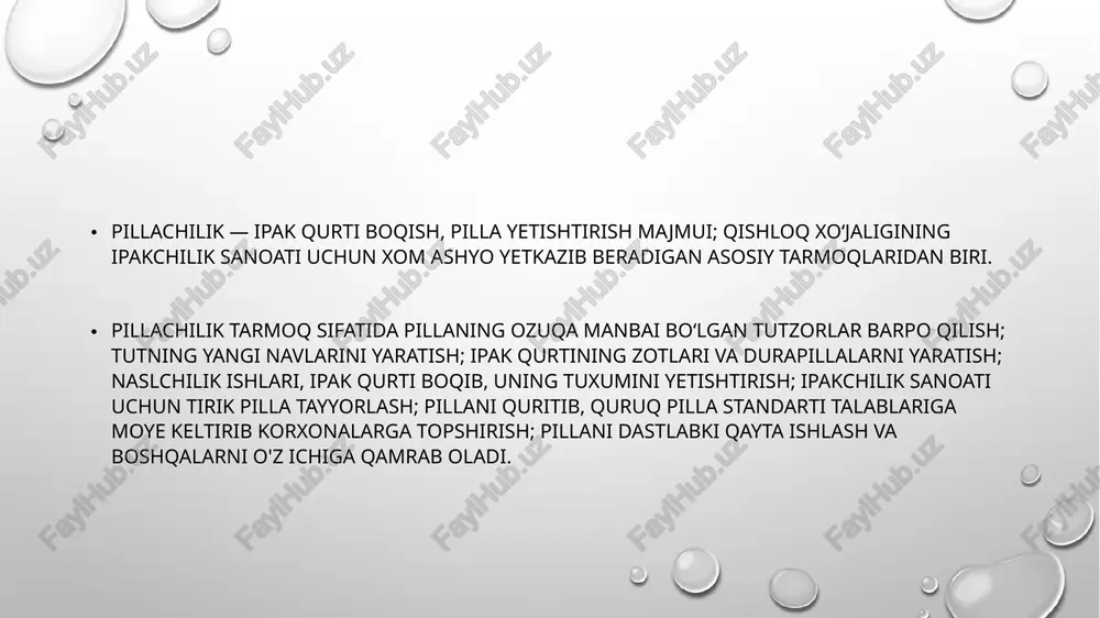 kin ipak va ipak gazlamalarning texnika va maishiy turmushda keng qoʻllanilishi tufayli jahon bozorida tabiiy ipakka boʻlgan talab juda yuqori (yana qarang ipakchilik sanoati). image2.png image3.png image1.png © — oq a /docprops/thumbnail.jpeg termiz daml at universtetimilliy lifos vm saar fakulteti engi “sanoat ty lim yo nalishi2-kurs 331 ‘guruh talabas| bobomurodov elberning tikd/buyumlart aterial shunoslignfanioan tavyorlagan mustagil shi