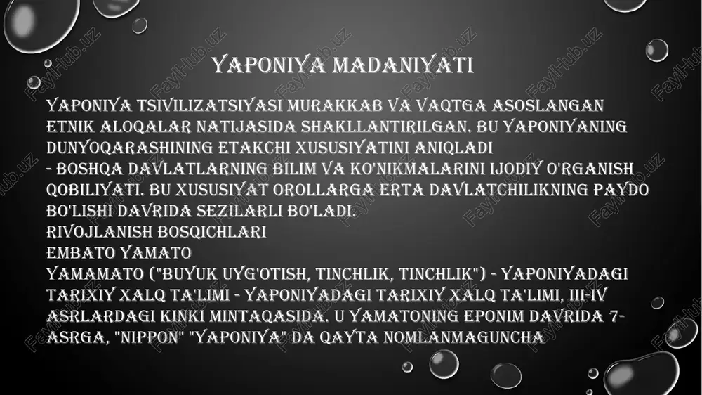 ko'rsatdi evropa rasmlari, teatr va adabiyotni rivojlantirish. natijada hosil bo'lgan yapon tsivilizatsiyasi murakkab va vaqtga asoslangan etnik aloqalar. hindistondan farqli o'laroq yaponiya madaniyati va o'rta asrlar burilishida xitoylar faqat tug'ilgan edi, shuning uchun u yuqori dinamik va alien idrokiga maxsus sezgirlikta'sir qilish. qanday qilib "kodzika", yapon tili va adabiyoti eng qadimgi yodgorligi, quyoshning ma'budaligi, sunnerasning nabirasi nabirasini ningigi shahzodasiga bergan. yapon tilining xudbin ajdodlari, yata muqaddas ko'zgu va dedi: "menga qaraydiganingizdek, bu oynaga qarang." u unga murakamo va muqaddas yashmovning muqaddas qilichi bilan birga bu oyna berdi yasaakani marjon. bu uchta yapon xalqining uchta ramzi, yapon madaniyati, yaponcha vaqtinchalik davlatchilik avloddan-avlodgacha bo'lgan muqaddas jang etaishi, bilim va san'at. yaponiya madaniyati va san'ati tarixida siz uchta chuqurlik, dinamika ajratishingiz mumkin tirik oqimlari, yapon ma'naviyatining uchta o'lchovi, interfrenerener va bir-biringizni boyitish: shinto (samoviy xudolar) - odamlar ommaviyoti yapon dini; zen yaponiyaning eng nufuzli buddizm oqimi (zen shu bilan birga, o'rta asrlarga o'xshash …