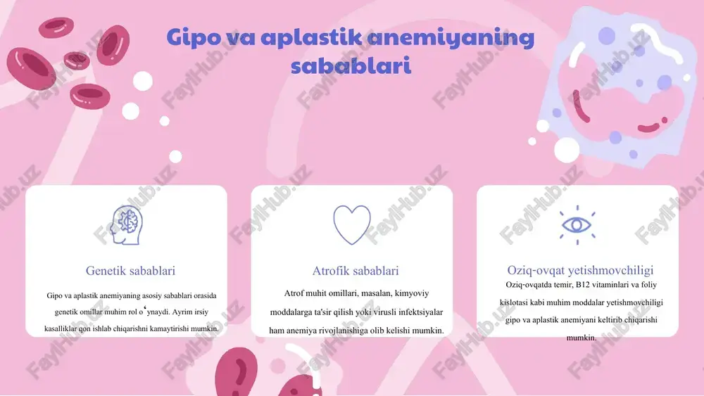 ptomlari, masalan, terining rangsizlanishi, charchoq va nafas yetishmovchiligi, shuningdek, bolalar uchun ko'rsatilishi kerak bo'lgan muhim belgilardir. laboratoriya testlari va ularning ahamiyati laboratoriya testlari bolalarda anemiyani aniqlashda muhim ahamiyatga ega. asosiy testlar qatoriga qon testi, gemoglobin darajasini o'lchash va eritrositlar sonini aniqlash kiradi. gemoglobin darajasi anemiyaning og'irligini ko'rsatadi, eritrositlar miqdori esa qonning kislorod tashish qobiliyatini belgilaydi. ushbu natijalar davolash strategiyasini belgilashda yordam beradi, shuning uchun ularni to'g'ri talqin qilish juda muhimdir. klinik baholash va simptomlar klinik baholash usullari bolalarda gipo va aplastik anemiyani aniqlash uchun bir qator klinik baholash usullari qo'llaniladi. bular orasida anamnez olish, jismoniy tekshirish va laboratoriya tahlillari mavjud. simptomlar gipo va aplastik anemiyaning asosiy simptomlari qondagi gemoglobin miqdorining pasayishi, charchoq, terining rangsizlanishi va nafas olishda qiyinchilikni o'z ichiga oladi. muqobil baholash muqobil baholash usullari, masalan, qon testi, bo'ynidagi limfa tugunlarini tekshirish va qonda temir darajasini o'lchash, anemiyaning turini aniqlashda yordam beradi. davolash usullari anemiyani davolash uchun temir qo'shimchalari, …