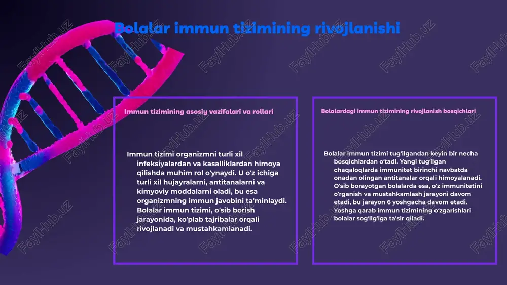 immun tizimi bolalarni kasalliklardan himoya qiladi va ularning o'sishiga yordam beradi. kasalliklar va infektsiyalar bilan kurashish bolalar immun tizimining kuchayishi kasalliklar va infektsiyalarni yengishda muhimdir. oziqlanish, jismoniy faoliyat va toza muhit immun tizimini mustahkamlashda yordam beradi. kasalliklarga qarshi immunitetni kuchaytirish usullari oziqlanish va faoliyat sog'lom immunitet uchun to'g'ri oziqlanish va jismoniy faoliyat juda muhimdir. meva va sabzavotlar, oqsil manbalari va vitaminlarga boy ovqatlar immunitetni kuchaytirishga yordam beradi. uyqu va stress yaxshi uyqu va stressni boshqarish immun tizimining kuchayishiga yordam beradi. kattalar uchun har kuni kamida 7-8 soat uyqu tavsiya etiladi, stressni kamaytirish uchun esa meditatsiya va nafas olish mashqlari foydali bo'lishi mumkin. sog'lom turmush tarzi sog'lom turmush tarzi immunitetni kuchaytirish uchun zarurdir. chekish, alkogol iste'moli kabi zararli odatlardan voz kechish va muntazam jismoniy mashqlar qilish tavsiya etiladi. immunitetni kuchaytiruvchi qo'shimchalar ba'zi vitaminlar va minerallar, masalan, vitamin c, d va sink, immun tizimini qo'llab-quvvatlashda muhim rol o'ynaydi. ularni to'g'ri ovqatlar orqali …