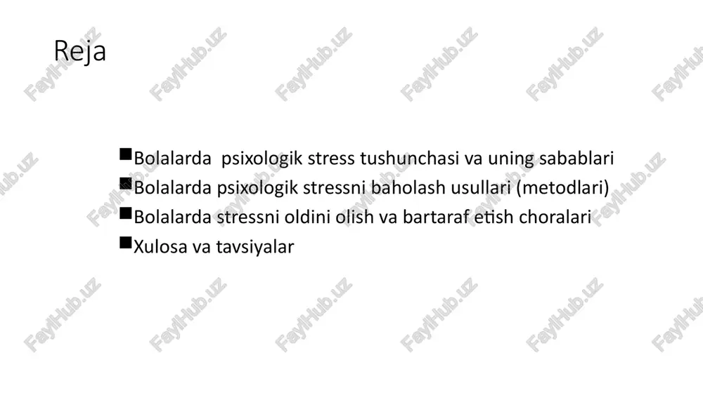 ess holatini turli nuqtai nazardan baholash imkonini beradi. bu so'rovnomalar bolaning oilaviy va shaxsiy hayotini tahlil qilishga yordam beradi. so'rovnoma natijalarini tahlil qilish so'rovnoma natijalarini tahlil qilish va xulosa chiqarish orqali bolaning stress darajasini aniqlash mumkin. misol uchun, "revised children’s manifest anxiety scale (rcmas)" so'rovnomasi bolalardagi xavotirlikni baholash uchun ishlatiladi. 8 bolalardagi stressni baholash metodlari: intervyu individual intervyu bolalar bilan individual intervyu o'tkazish texnikasi stressni aniqlashning muhim usuli hisoblanadi. intervyu davomida bolaning his-tuyg'ulari va kechinmalari haqida ma'lumot olish mumkin. ota-onalar va tarbiyachilar bilan intervyu ota-onalar va tarbiyachi bilan intervyu o'tkazish orqali bolaning stress holati haqida qo'shimcha ma'lumot olish mumkin. ularning fikri bolaning ahvolini to'liqroq tushunishga yordam beradi. ma'lumotlarni qayta ishlash intervyu davomida olingan ma'lumotlarni qayta ishlash va tahlil qilish orqali bolaning stress sabablarini aniqlash mumkin. savol berishda bolaning yoshini hisobga olish muhim. intervyu davomida bolaning yoshiga mos savollar berish va uning javoblarini diqqat bilan tinglash muhim. bolaning his-tuyg'ularini tushunish va …