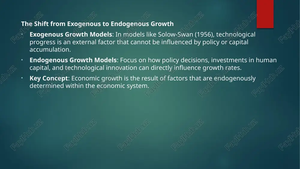 ity and output. key features of the capital accumulation model no diminishing returns to capital: in the ak model, there are constant returns to capital, so as long as investments in capital continue, growth continues. impact of savings and investment: high levels of savings and investment are crucial for sustained capital accumulation, which drives long-term growth. policy implications: encouraging savings, investments in infrastructure, and policies that create a favorable environment for capital accumulation are crucial to maintaining growth. comparison of the three models human capital model: focuses on the accumulation of knowledge and skills as the foundation for growth. innovation model: emphasizes technological advancements and innovation as the key driver of economic expansion. capital accumulation model: views the accumulation of physical and human capital as the primary source of growth. commonalities: all three models highlight the importance of internal factors—human capital, innovation, and capital—that can be influenced by policy. differences: …