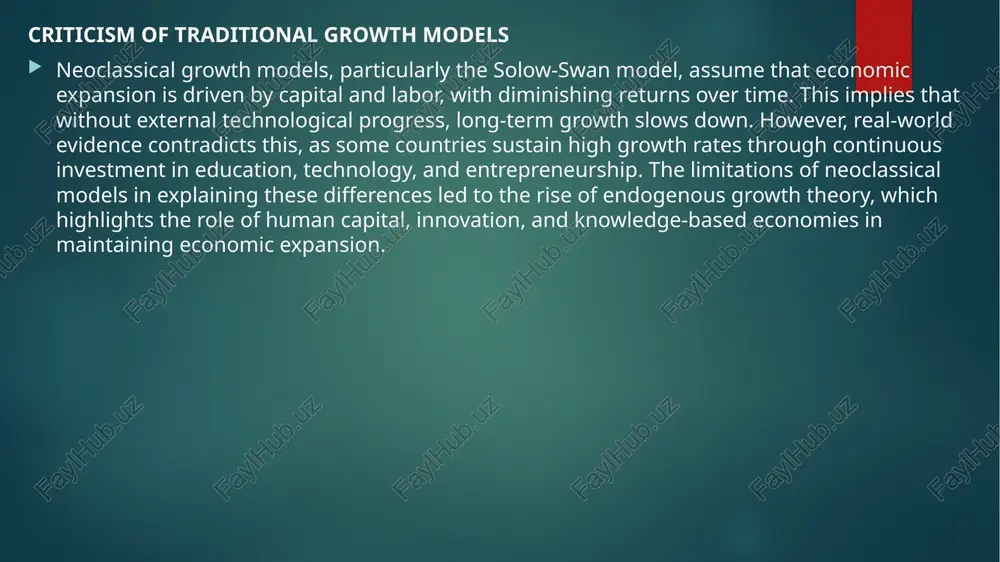 te to sustained economic growth. additionally, knowledge spillovers ensure that advancements in one industry benefit others, reinforcing a cycle of continuous innovation and progress. the impact of international trade international trade plays a crucial role in economic expansion by facilitating knowledge exchange and efficiency improvements. open markets encourage specialization, allowing countries to focus on industries where they have a comparative advantage. trade also promotes the transfer of technology and skills from developed to developing economies, leading to faster growth in knowledge-based industries. however, trade policies must be managed to ensure equitable distribution of benefits, as excessive dependence on foreign markets without domestic innovation can hinder long-term development. challenges to endogenous growth theory while endogenous growth theory provides a strong framework for explaining economic expansion, several challenges remain: high costs of investment in education, r&d, and infrastructure can limit policy implementation, especially in developing nations. unequal access to technology and knowledge …