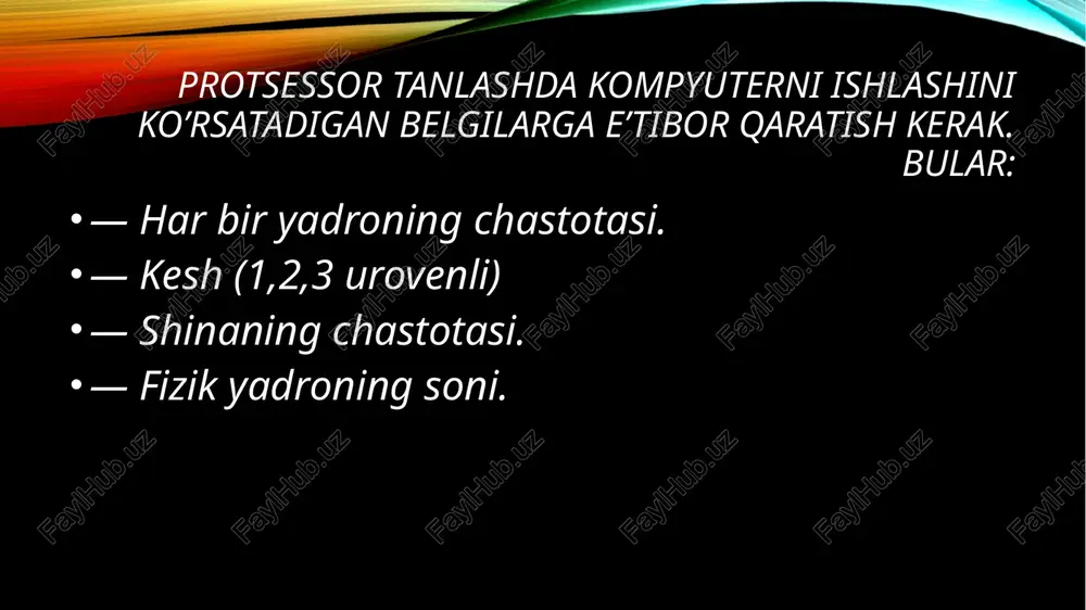 rotsessori. kompyuterning asosiy korpusidagi qurilma va vositalarni yetarlicha energiya bilan ta`minlovchi moslama kompyuterninig energiya blokidir. uning asosiy vazifasi aytilgan vositalarni energiya bilan ta`minlash, havo almashtirish va protsessor ichini sovutishdir, chunki ko`pgina komponentlar energiya bloki, protsessor va vinchester uzluksiz ish vaqtida qizib ketadi. agar ishonchli havo almashtirish ta`minlanmasa, komp'yuter ichki qismlari qizib ketishi va to`xtab qolishiga sabab bo`ladi. bundan tashqari kuchlanishlar tez-tez o`zgaradigan, katta kuchlanishli toklar o`tadigan joylarda energiya blokining ishonchliligi katta axamiyatga ega. zamonaviy kompyuterlarda protsessor vazifasini 10 mm kvadratdan ham kichik yuzali yagona yarim o'tkazgichli kristalda (kremniy yoki germaniy) joylashgan millionlab mitti tranzistorlardan tashkil topgan mikro-protsessor, ya'ni o'ta zich integral sxema bajarmoqda. misol sifatida ko'radigan bo'lsak, intel pentium pro mikroprotsessori o'z ichida 5,5 milliondan ortiq tranzistorlarni saqlaydi. protsessorning ish unumdorligi uning tezligi (taktli chastota) va razryadlar soni bilan belgilanadi. tezlik protsessorning 1 sekundda bajargan amallar miqdori bilan belgilanadi va gs (gers) bilan ifodalanadi. masalan, i8086 protsessori 10 mgs (sekundiga …