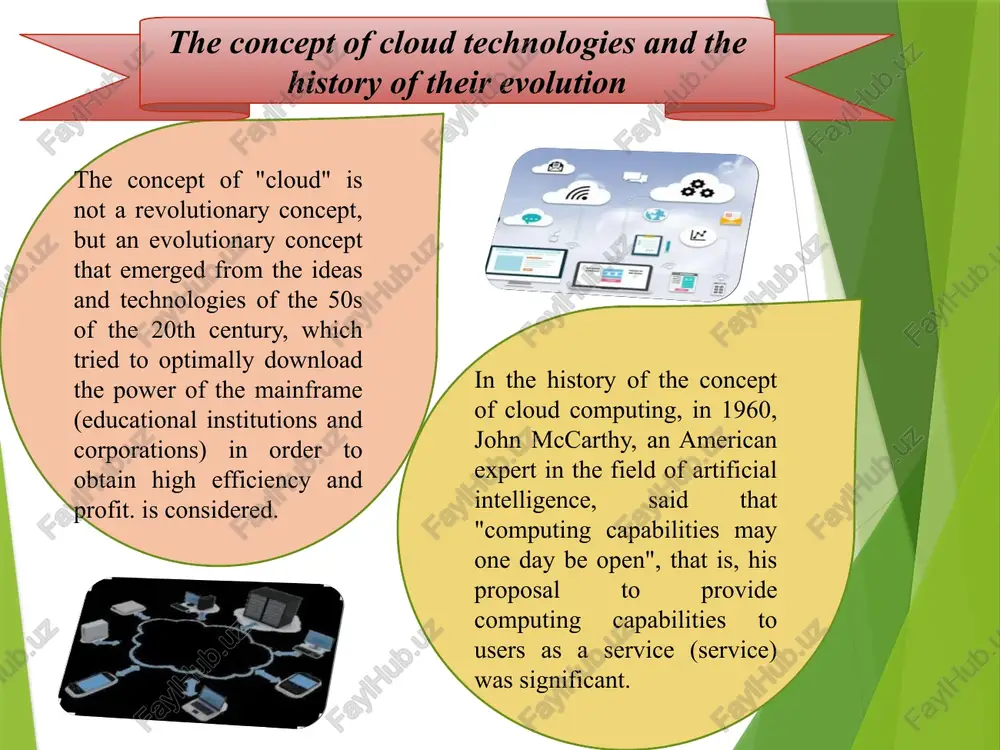 ablets, phones, etc.). ability to work with various operating systems, web services in any browser simultaneous viewing and editing of the same information by different users if something happens to the user's local device (computer, tablet, phone), the data will not be lost, because it is not stored in the device's memory, but in the cloud always work with updated, latest information using the latest version of the program without controlling the creation of updated versions features of industry 4.0 3 cloud technologies - this model presents it as a service to the consumer via the internet. the importance of "virtualization" technologies in the emergence of cloud computing is very high. the cloud is considered an innovative model (concept) of it infrastructure organizations, which consists of separately separated and distributed configured hardware and network resources, software, and is located in the data center of remote providers. bulutli texnologiyalar nima? www.kiut.uz …