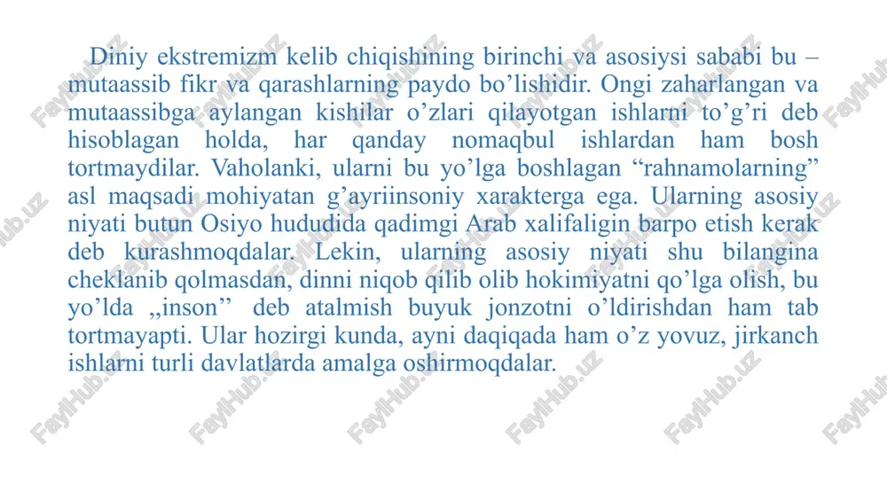 ikni jalb etgan holda tushuntirish-profilaktika ishlarini tizimli tashkil qilish, ularni maxsus ro'yxatdan chiqarish bo'yicha mexanizm yaratildi. mazkur mexanizmning samarasi sifatida aqidaparastlik g'oyalari ta'siriga tushgan 16 mingdan ziyod fuqarolarning ichki ishlar organlarining maxsus hisobidan chiqarilishi jamiyatda katta ijobiy rezonans berdi. 2. yoshlarni ilm-ma'rifatga o'rgatish, ularga islom dinining insonparvarlik mohiyati, islom madaniyatining asl qadriyatlarini etkazish, ma'rifiy islom ta'limoti, buyuk ajdodlarimizning ulkan ma'naviy merosini chuqur o'rganish, jamiyatda diniy va milliy bag'rikenglik va hamkorlikni mustahkam qaror toptirish orqali aholi, ayniqsa, yoshlarda aqidaparast g'oyalarga nisbatan mustahkam ma'naviy himoya qobig'i shakllantirish maqsadida imom buxoriy va imom termiziy xalqaro ilmiy-tadqiqot markazlari faoliyati yo'lga qo'yildi. samarqandda hadis va kalom ilmi maktabi, buxoroda tasavvuf maktabi, qashqadaryoda aqida maktabi, farg'onada islom huquqi (fiqhi) ilmiy maktablari ochildi. shuningdek, davlat rahbari darajasida respublikada mavjud diniy konfessiya rahbarlari bilan muloqotlar uyushtirilib, barcha din vakillariga keng imkoniyatlar yaratib berilmoqda. 3. har yili o'zbekiston respublikasi vazirlar mahkamasining diniy ekstremizmga qarshi kurash, millatlararo va konfessiyalararo hamkorlikni …