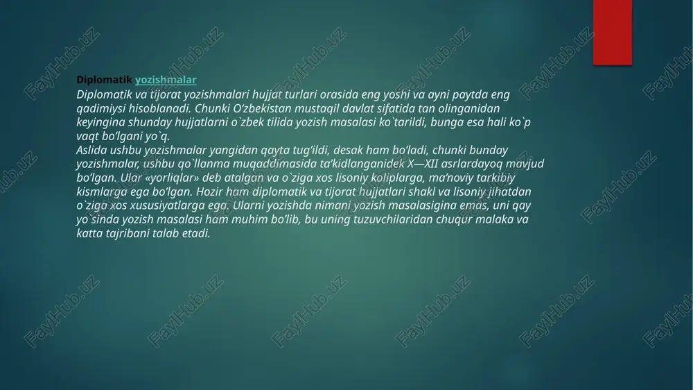 yaxshisi, uni boshqa so`z bilan almashtirish zarur. demak diplomatik hujjatlar o`ziga xos leksik-uslubiy, grammatik morfologik va sintaktik xususiyatlarga ega. leksik-uslubiy jihatdan diplomatik yozishmalar o`z atamalar tizimiga, qoliplashgan turg`un birikmalariga, sinonim, antonimlar kabi turli ifoda vositalariga ega. shuni alohida ta’kidlab o`tish kerakki, xizmat xatlari hissiy-bo`yoqdor so`zlardan holi bo’lishi talab etilsa, dip­lomatik yozishmalar, aksincha, hissiy-bo`yoqdor so`zlarga boyligi, maqtov va iltifot suo`zlariga egaligi bilan ajralib turadi. maqtov so`zlari diplomatik yozishmalarning eng asosiy turi bo’lmish nota-bayonotlarning zaruriy qismlaridan biri hisoblanadi. diplomatik hujjatlar tasnifi shuni ta'kidlash kerakki, yaqin vaqtgacha ushbu hujjatlar toifasiga faqat beshta hujjat kiritilgan edi. ular orasida quyidagilarni ajratib ko'rsatish tavsiya etiladi: qaydlar og'zaki. shaxsiy qaydlar. memorandumlar. memorandumlar. xususiy yarim rasmiy maktublar. diplomatik hujjatlar turlaridan biri shaxsiy eslatmadir. shuni ta'kidlash kerakki, u fundamental va muhim ahamiyatga ega bo'lgan masalalar bo'yicha yuboriladi va qoida tariqasida, qandaydir keng ko'lamli tadbir haqida ma'lumotni o'z ichiga oladi. eslatma birinchi shaxsda tuziladi va hujjatning boshlanishi apellyatsiya hisoblanadi. eng …