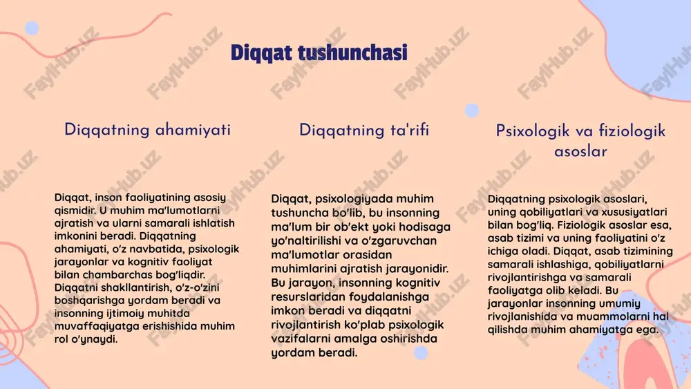 va tashvish holatlari, diqqatni jamlashni qiyinlashtiradi. - charchoq: jismoniy yoki ruhiy charchoq, diqqatni pasaytiradi va e'tiborsizlikka olib keladi. - motivatsiya yetishmovchiligi: qiziqish yoki maqsadlarning yo'qligi, diqqatning pasayishiga sabab bo'lishi mumkin. diqqatsizlikning oqibatlari esa ko'p jihatdan insonga ta'sir ko'rsatadi: - ish faoliyatida pasayish: diqqatning yo'qligi, ish samaradorligini kamaytiradi. - o'qishdagi qiyinchiliklar: diqqatni jamlash qiyinligi, o'qishda muvaffaqiyatga erishishni murakkablashtiradi. - ijtimoiy munosabatlarga ta'sir: diqqat yetishmovchiligi, boshqalar bilan muloqotda muammolar yaratishi mumkin. photo by kelly sikkema on unsplash diqqatni rivojlantirish usullari tavsiyalar va metodlar diqqatni rivojlantirish uchun ko'plab metodlar mavjud. ular orasida xotirani kuchaytirish, mantiqiy o'yinlar o'ynash va meditatsiya qilish kabi usullar bor. amaliy mashqlar amaliy mashqlar sifatida har kuni qisqa vaqt davomida diqqatni jamlash mashqlari, misol uchun, bir vaqtning o'zida bir necha narsaga e'tibor qaratish tavsiya etiladi. o'yinlar va faoliyatlar diqqatni oshirish uchun o'yinlar ham foydali. poyga o'yinlari, sudoku yoki shaxmat kabi o'yinlar diqqatni kuchaytirishga yordam beradi. natijalar va istiqbollar diqqatni rivojlantirish …