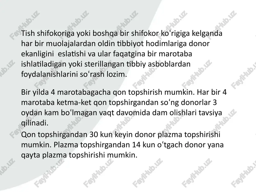 h 450 ml qonni olish uchun 12 daqiqa vaqt kerak bo‘ladi. hamda shu vaqt ichida probirkada test va tekshirish uchun oz miqdordagi qon ham olinadi. olingan qon orqali donorning qon guruhi va qonda bo‘lishi mumkin bo‘lgan yuqumli kasallilar – oits, virusligepatit b, gepatit c, zahm aniqlanadi. oltinchi bosqich: dam olish va ovqatlanish qon topshirganingizdan keyin, siz bir necha daqiqa davomida hamshira kuzatuvi ostida bo‘lasiz. jo‘nab ketishdan oldin markaz tomonidan sizga nonushta beriladi. donor jo‘nab ketgandan so‘ng, olingan qon maxsus joyda saqlanadi. tekshirish va test amalga oshiriladi. agar tekshirish jarayonida qandaydir salbiy natijalar chiqsa, donor qisqa muddat ichida qon olishi muolajasini amalga oshirgan shifokor tomonidan markazga chaqiriladi: qon topshirish anonimik va beg‘araz tarzda amalga oshadi. hech qanday ma’lumot respublika oits yoki boshqa shifoxonalarga jo‘natilmaydi 18 yoshdan 60 yoshgacha bo‘lgan, vazni 50 kg dan yuqori har bir shaxs qon topshirishi mumkin. donorlik qilish uchun kimlar qon topshirishi mumkin? ikkita qon topshirish oralig‘idagi …