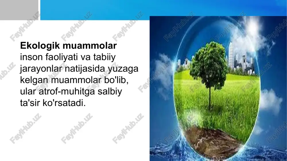 lish: o'zbekistonning ko'plab hududlarida o'simlik va hayvonot dunyosini muhofaza qilish va qayta tiklash muammolari mavjud. qo'riqxonalar va milliy bog'lar tarmog'ini kengaytirish zarur mintaqaviy ekologik muammolar mintaqaviy ekologik muammolar bir yoki bir nechta davlatlar o'rtasida bo'lishi mumkin: havo ifloslanishi: sanoat va transportdan chiqadigan zararli gazlar tufayli havo sifatining yomonlashishi. daryo va ko'llarning ifloslanishi: kimyoviy moddalar va chiqindilar sababli suv manbalarining ifloslanishi. biologik xilma-xillikning kamayishi: hududlarda hayvon va o'simlik turlarining yo'qolishi. havo ifloslanishi jiddiy global muammo hisoblanadi va inson salomatligi hamda atrof-muhitga salbiy ta'sir ko'rsatadi. o'zbekistonda ham havo ifloslanishi muammosi mavjud bo'lib, bu asosan quyidagi omillar bilan bog'liq: sanoat korxonalari: zavodlar, fabrikalar va boshqa sanoat korxonalari atmosferaga zararli moddalar chiqazadi. avtomobillar: transport vositalari, ayniqsa, eski va texnik holati yomon avtomobillar chiqindilarni havoga chiqaradi. qishloq xo'jaligi: pestitsidlar va boshqa kimyoviy moddalar tuproqdan havo orqali tarqaladi. ko'mir va yog'och yoqish: ko'mir va yog'ochdan foydalanish natijasida chiqayotgan tutun havo sifatini pasaytiradi. havo ifloslanishining salbiy oqibatlari …