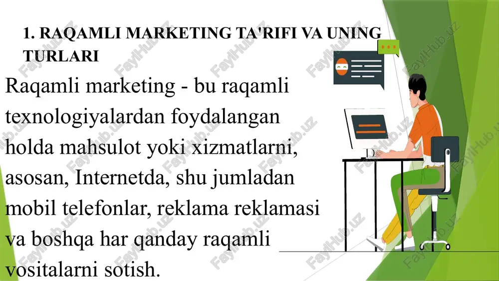 vtomatlashtirilgan elektron pochta seriyalari, reklama optimallashtirish kabi ai yordamida marketing jarayonlarini avtomatlashtirish. video marketing: youtube, tiktok, instagram kabi platformalarda video kontentga urg’u berish. influencer marketing: ijtimoiy media influenserlari bilan hamkorlik qilish. ko’p kanalli marketing: mijozlarga bir vaqtning o’zida turli kanallar orqali murojaat qilish (masalan, ijtimoiy media, elektron pochta, sms). xususiyatlari: shaxsiylashtirishga e’tibor kuchaydi, mijoz tajribasi muhim bo’lib qoldi, o’lchov, tahlil va optimallashtirish yanada chuqurlashtirildi, ai va avtomatlashtirish keng qo’llanildi. 12 kelajakdagi tendentsiyalar: raqamli marketing sohasida quyidagi tendentsiyalarning kuchayishi kutilmoqda: sun’iy intellekt (ai) va avtomatlashtirishning yanada kengroq qo’llanilishi shaxsiylashtirishning yanada yuqori darajasi voice search (ovozli qidiruv) ning o’sishi virtual va augmented reality (vr/ar) ning marketingda qo’llanilishi kiberxavfsizlik va ma’lumotlar himoyasiga bo’lgan talabning oshishi mijoz tajribasiga yanada katta e’tibor qaratish 13 raqamli marketingning kelajagi juda qiziqarli va o’zgaruvchan bo’lishi kutilmoqda. texnologiyaning rivojlanishi bilan birga, marketing sohasida ham ko’plab o’zgarishlar yuz beradi. keling, raqamli marketingning kelajakdagi asosiy tendentsiyalarini ko’rib chiqaylik: 14 1. sun’iy …